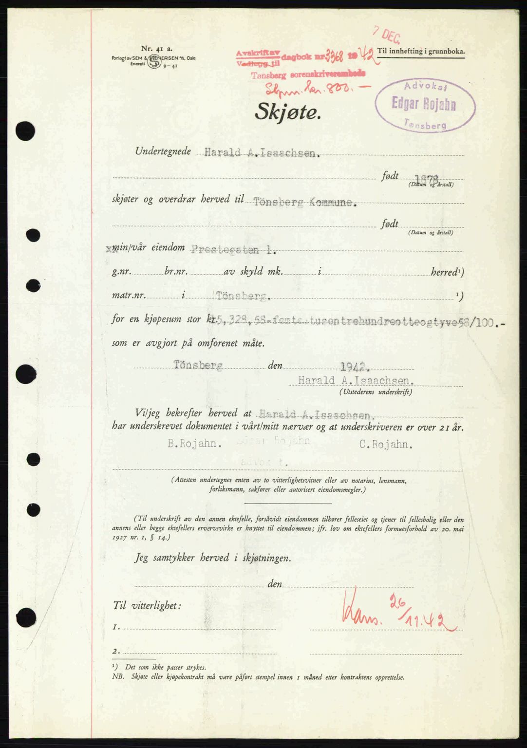 Tønsberg sorenskriveri, AV/SAKO-A-130/G/Ga/Gaa/L0012: Pantebok nr. A12, 1942-1943, Dagboknr: 3368/1942