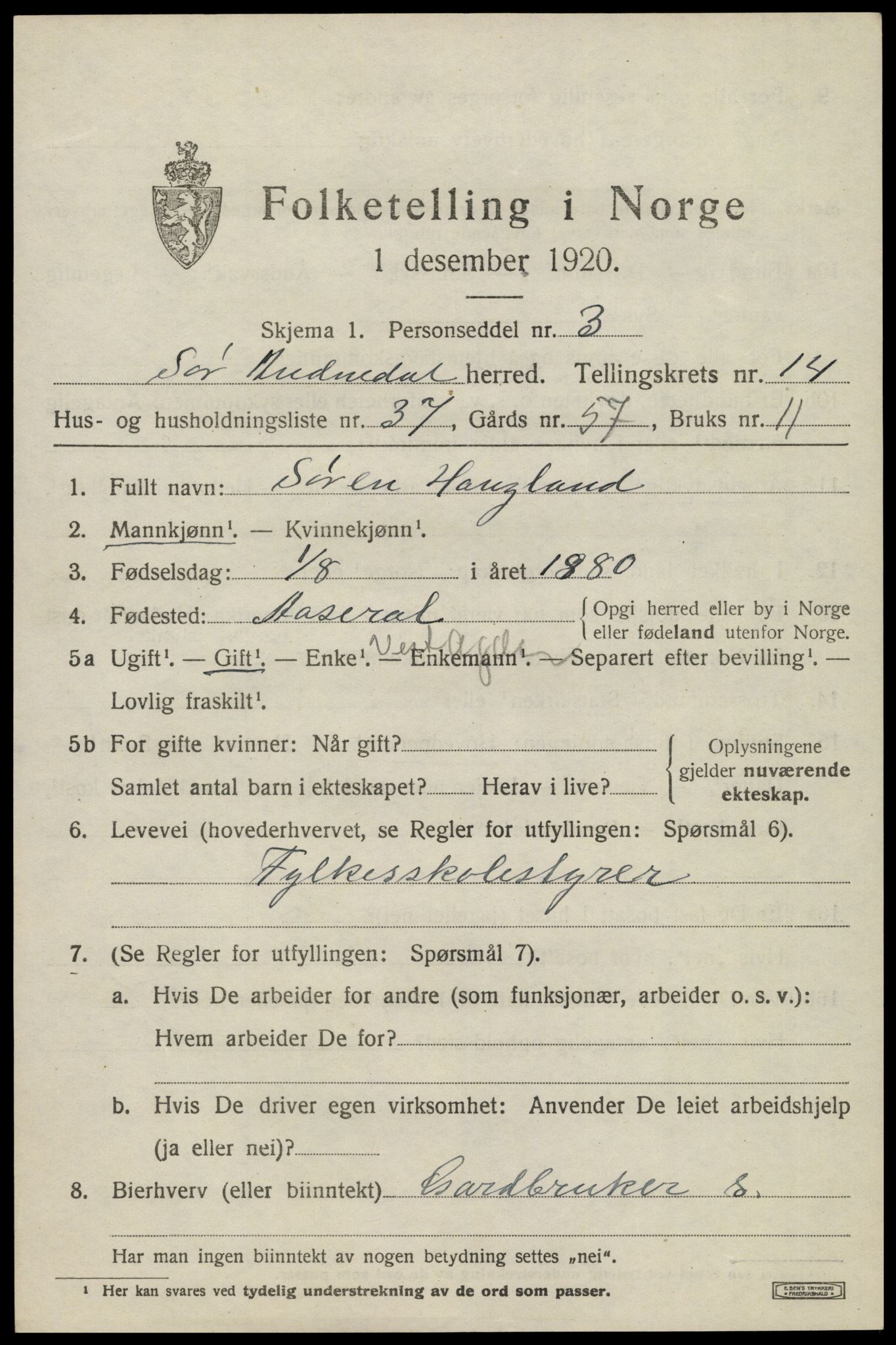 SAK, Folketelling 1920 for 1029 Sør-Audnedal herred, 1920, s. 5531