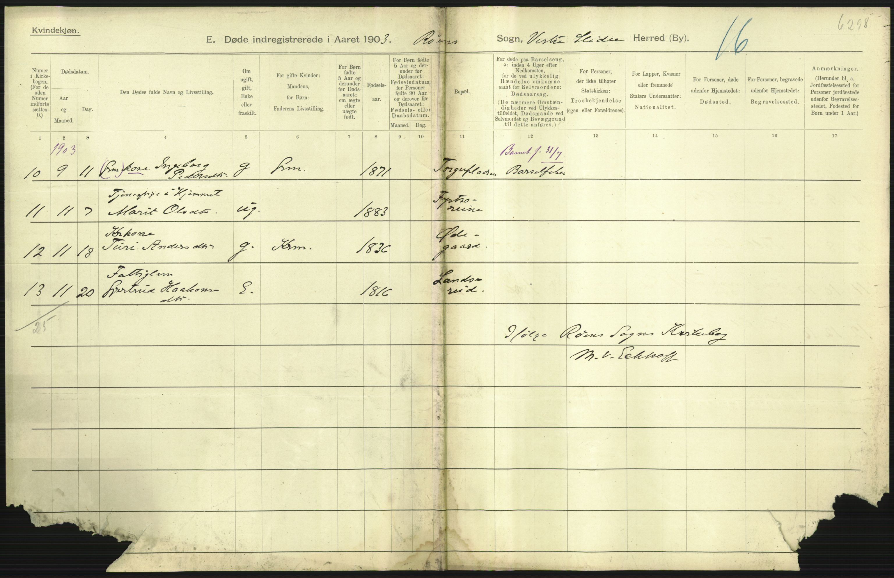 Statistisk sentralbyrå, Sosiodemografiske emner, Befolkning, AV/RA-S-2228/D/Df/Dfa/Dfaa/L0006: Kristians amt: Fødte, gifte, døde, 1903, s. 639