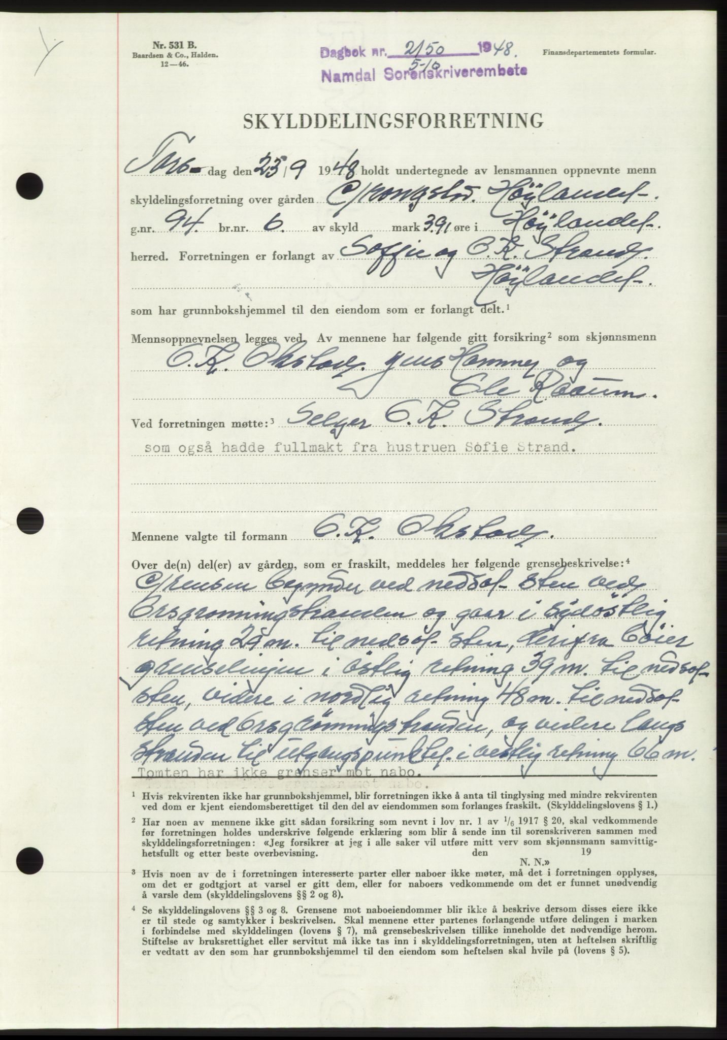 Namdal sorenskriveri, SAT/A-4133/1/2/2C: Pantebok nr. -, 1948-1948, Dagboknr: 2150/1948