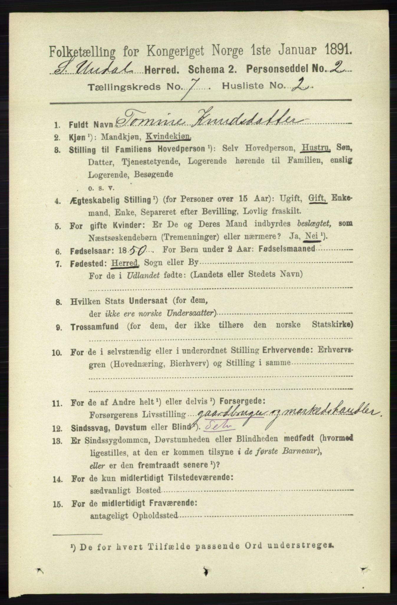 RA, Folketelling 1891 for 1029 Sør-Audnedal herred, 1891, s. 2629