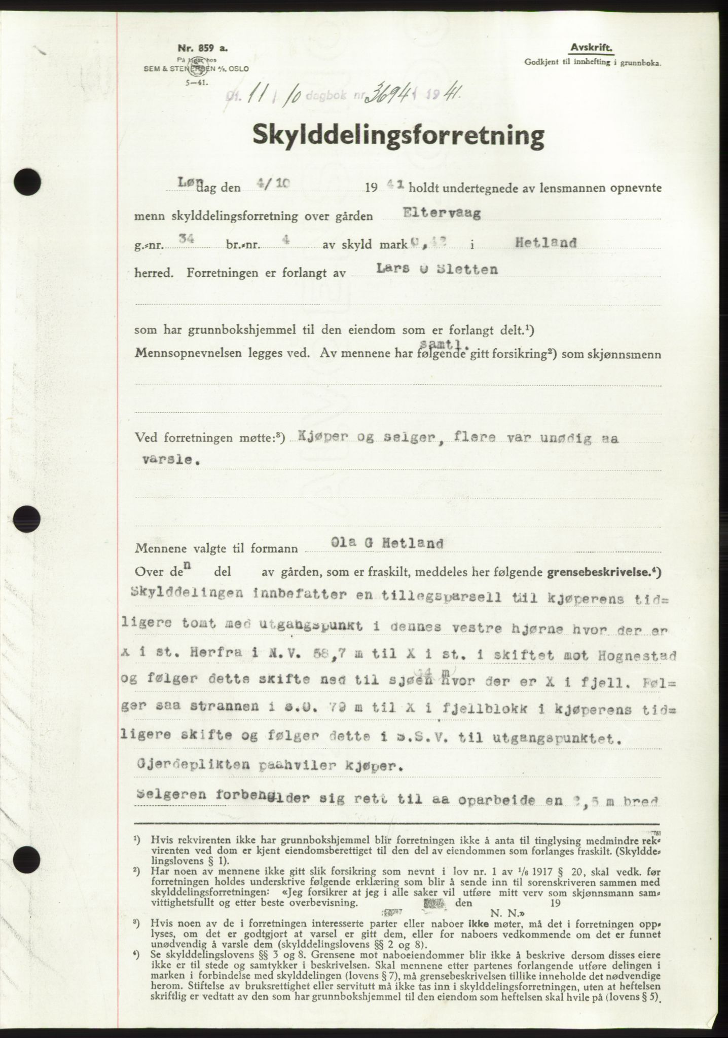 Jæren sorenskriveri, SAST/A-100310/03/G/Gba/L0081: Pantebok, 1941-1941, Dagboknr: 3694/1941