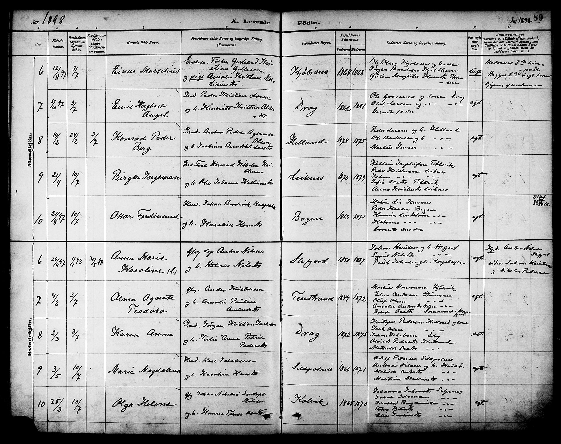 Ministerialprotokoller, klokkerbøker og fødselsregistre - Nordland, AV/SAT-A-1459/861/L0869: Ministerialbok nr. 861A04, 1889-1903, s. 89