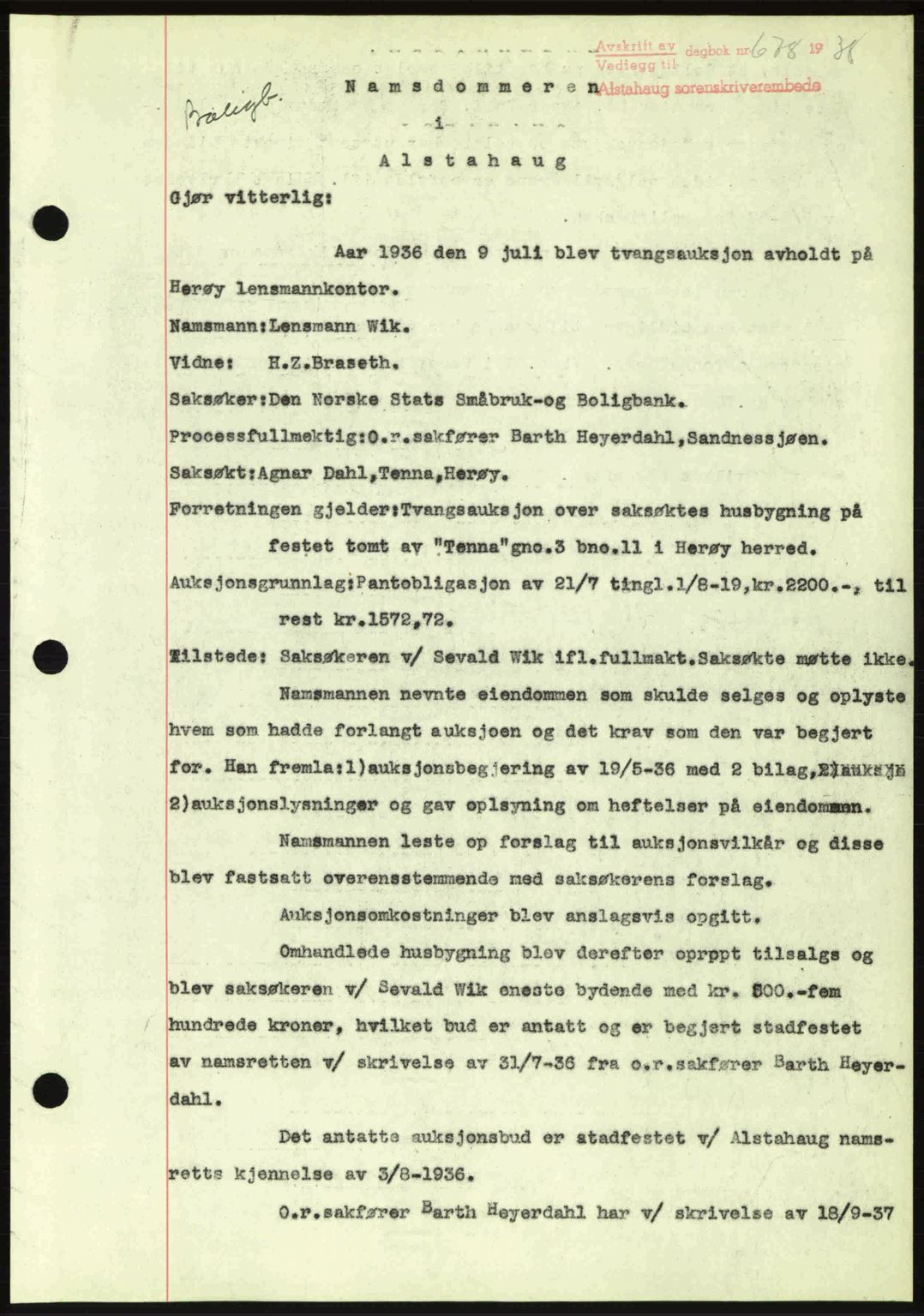 Alstahaug sorenskriveri, SAT/A-1009: Pantebok nr. A3, 1937-1938, Dagboknr: 678/1938