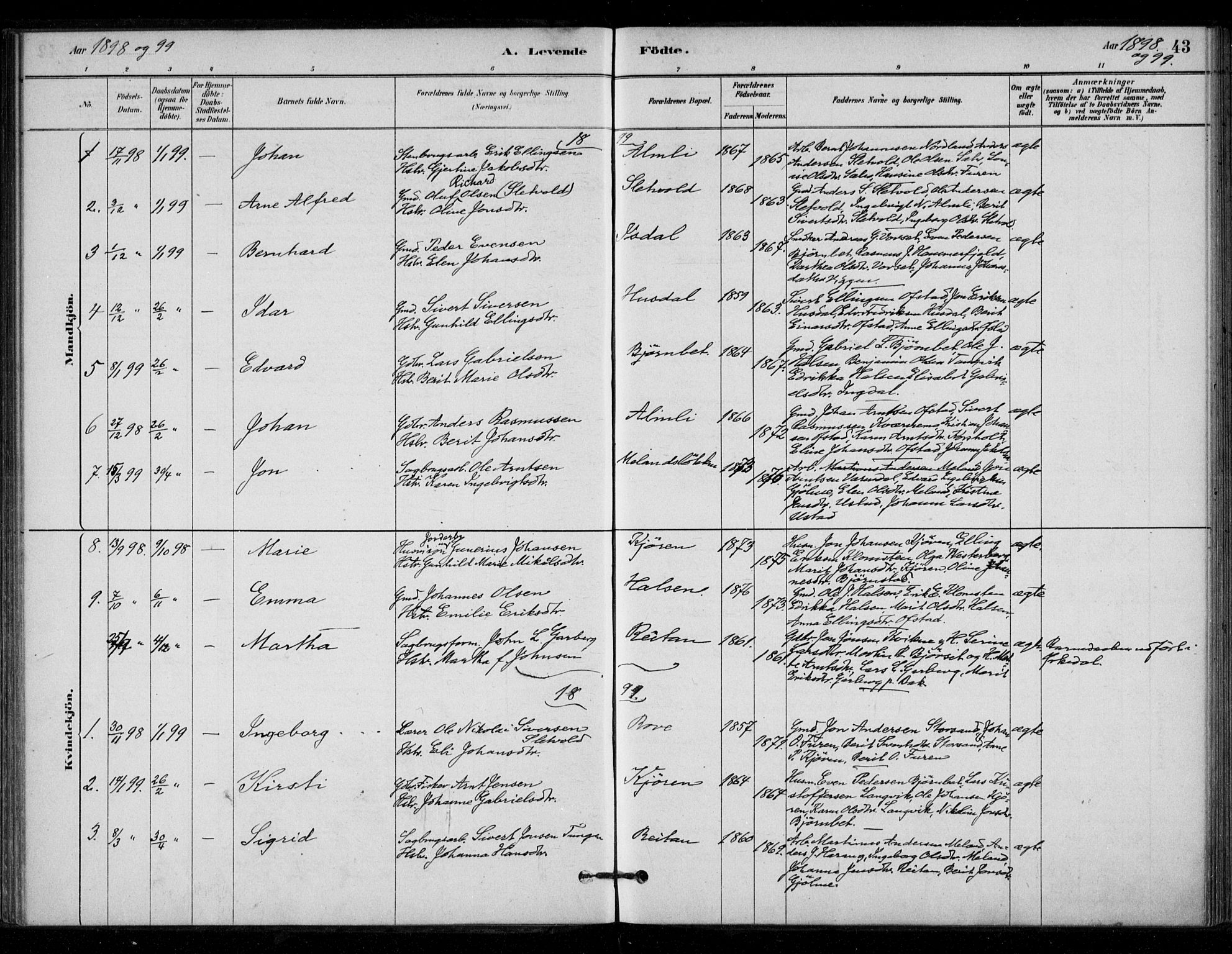 Ministerialprotokoller, klokkerbøker og fødselsregistre - Sør-Trøndelag, SAT/A-1456/670/L0836: Ministerialbok nr. 670A01, 1879-1904, s. 43