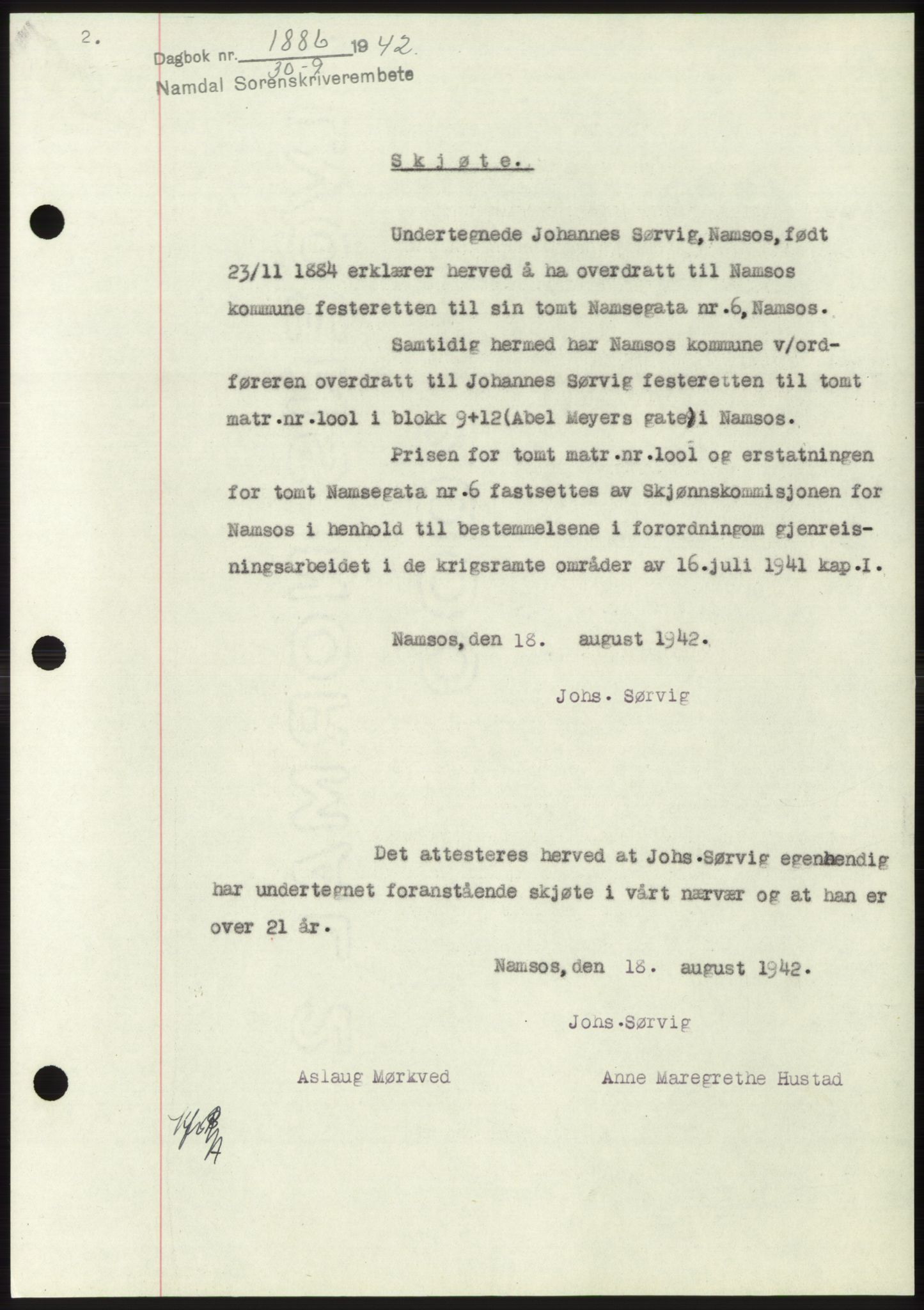 Namdal sorenskriveri, SAT/A-4133/1/2/2C: Pantebok nr. -, 1942-1943, Dagboknr: 1886/1942