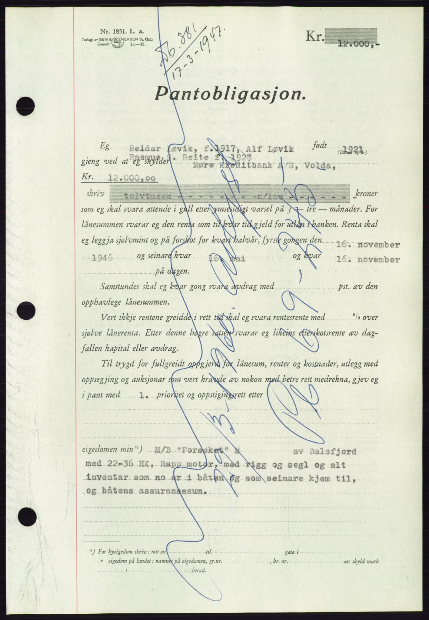Søre Sunnmøre sorenskriveri, AV/SAT-A-4122/1/2/2C/L0114: Pantebok nr. 1-2B, 1943-1947, Dagboknr: 381/1947