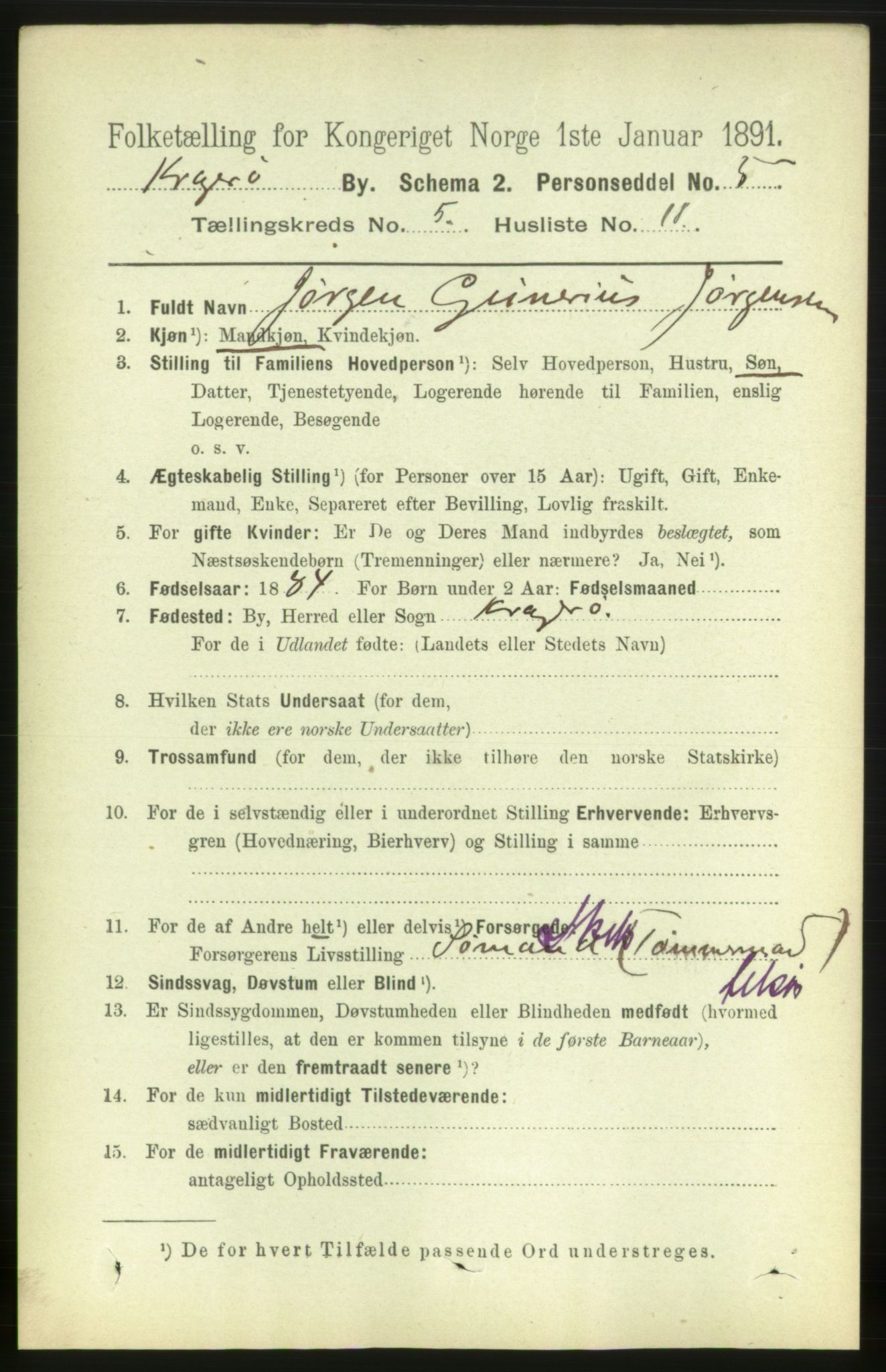RA, Folketelling 1891 for 0801 Kragerø kjøpstad, 1891, s. 3209