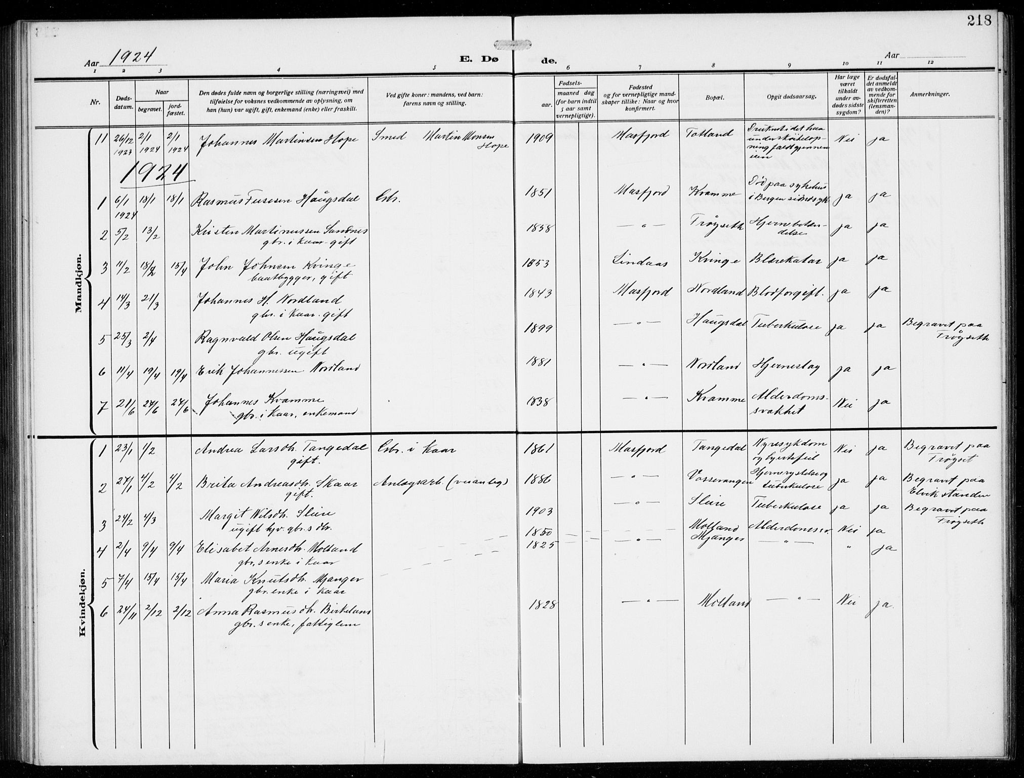 Masfjorden Sokneprestembete, SAB/A-77001: Klokkerbok nr. B  2, 1912-1939, s. 217