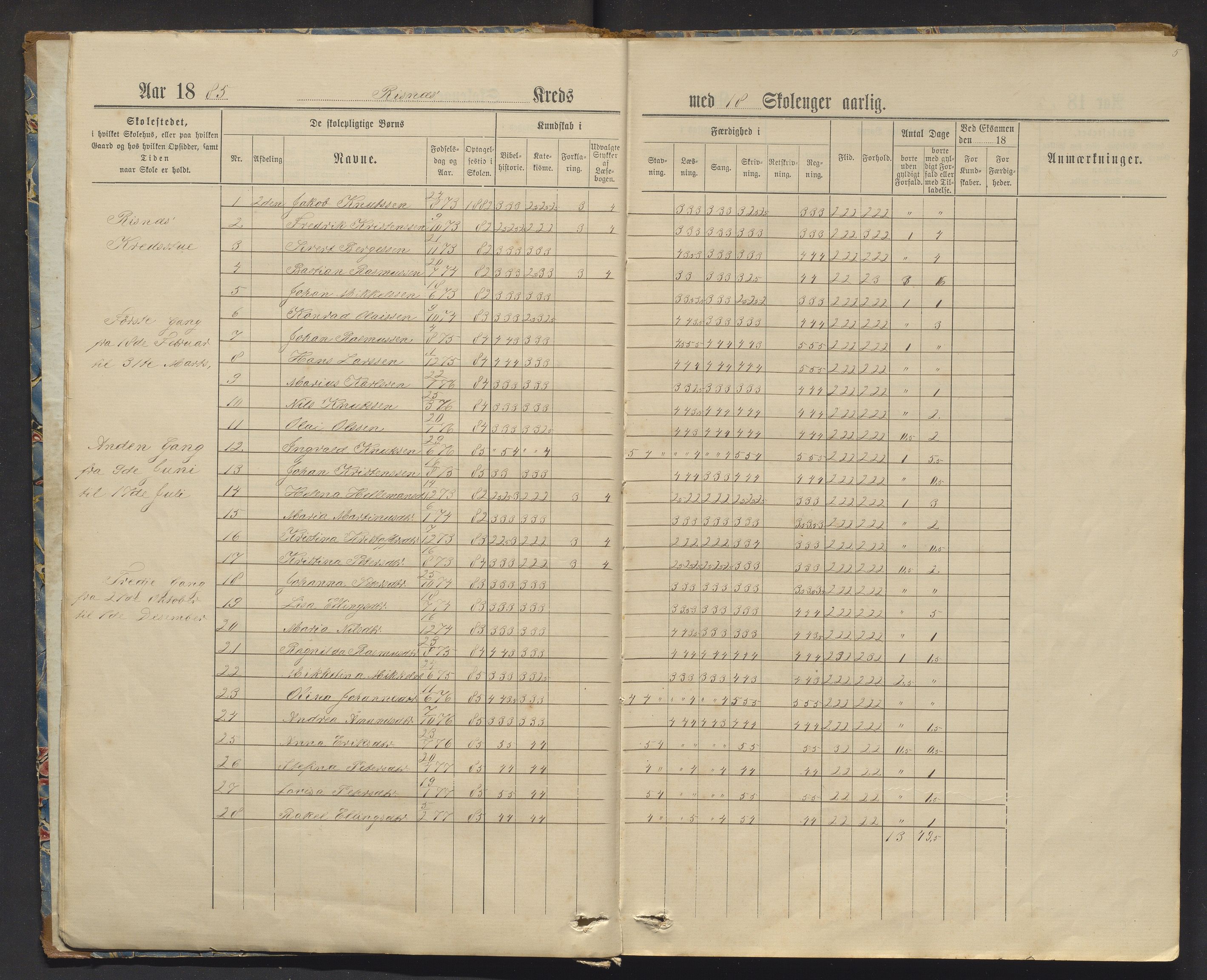 Manger kommune. Barneskulane, IKAH/1261-231/F/Fa/L0005: Skuleprotokoll  for Risnes og Nordanger krinsar , 1884-1916