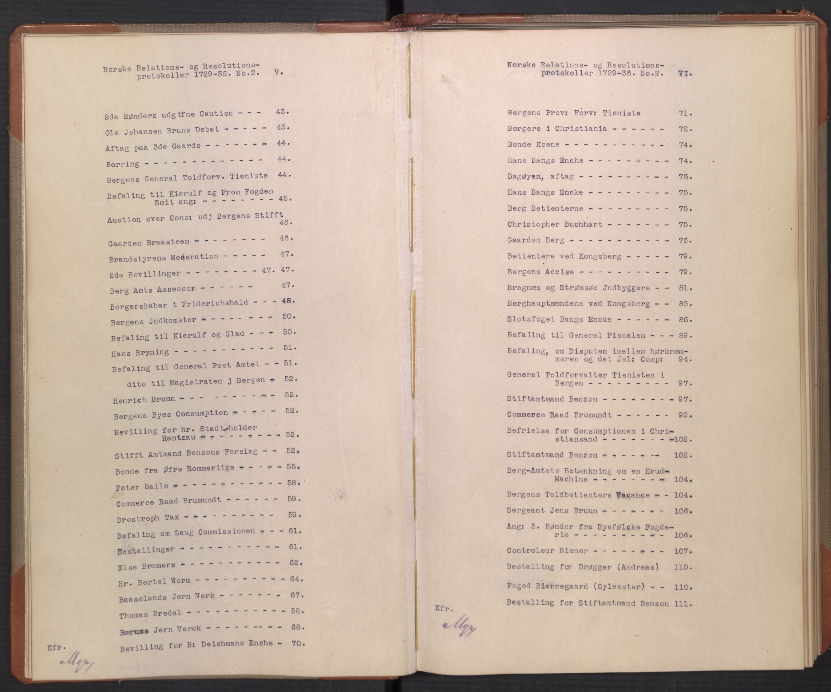 Avskriftsamlingen, AV/RA-EA-4022/F/Fb/L0116: Registratur over norske Relasjons- og resolusjonsprotokoller, 1729-1736, s. 7