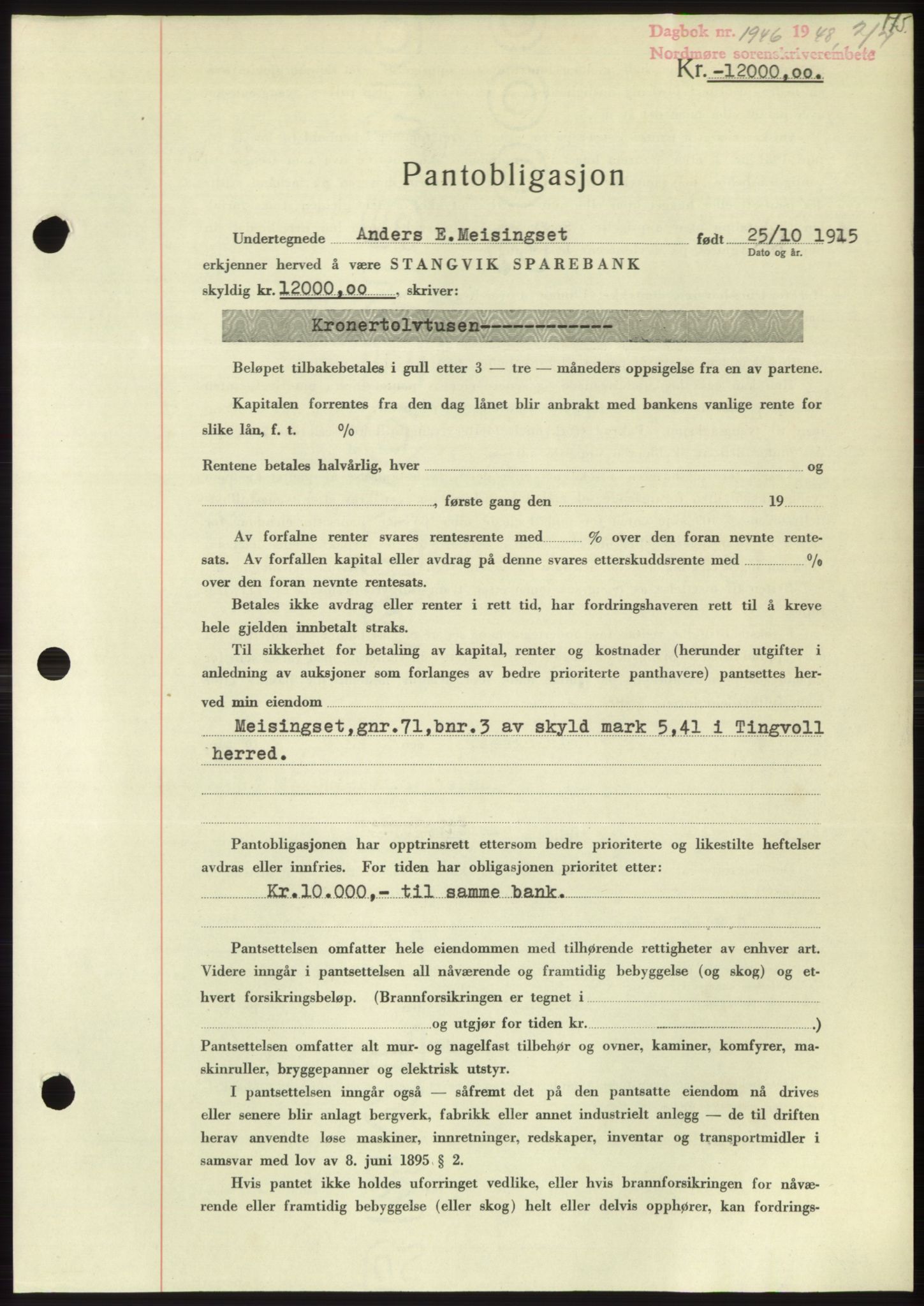 Nordmøre sorenskriveri, SAT/A-4132/1/2/2Ca: Pantebok nr. B99, 1948-1948, Dagboknr: 1946/1948