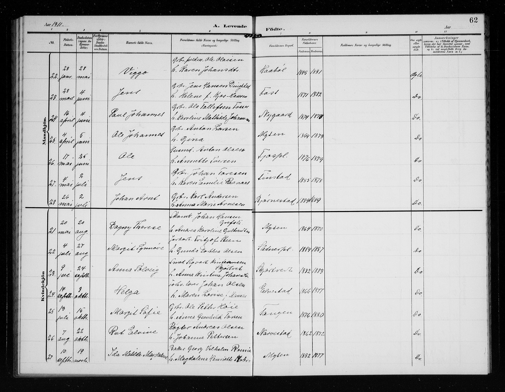 Eidsberg prestekontor Kirkebøker, AV/SAO-A-10905/G/Ga/L0002: Klokkerbok nr. I 2, 1903-1913, s. 62