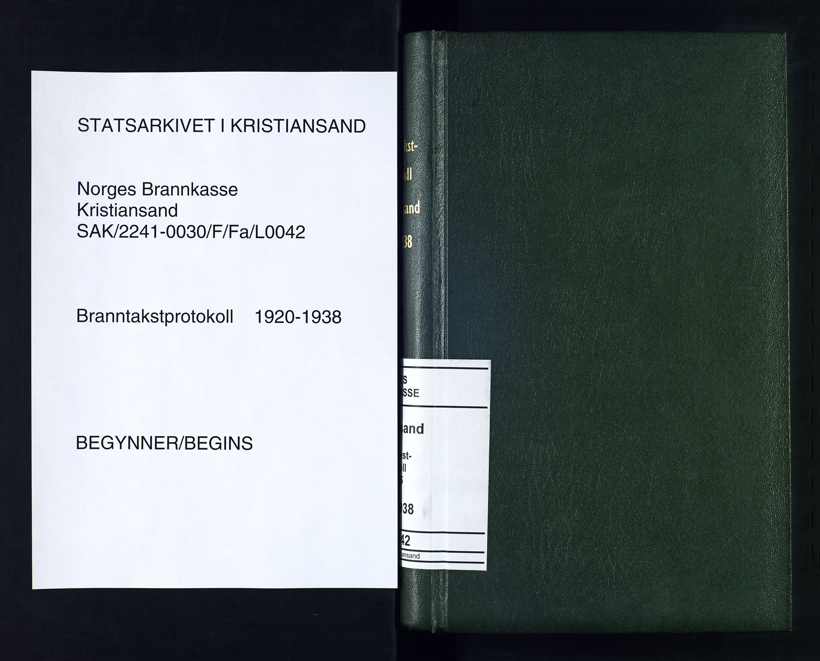 Norges Brannkasse Kristiansand, SAK/2241-0030/F/Fa/L0042: Branntakstprotokoll nr. B25, 1920-1938