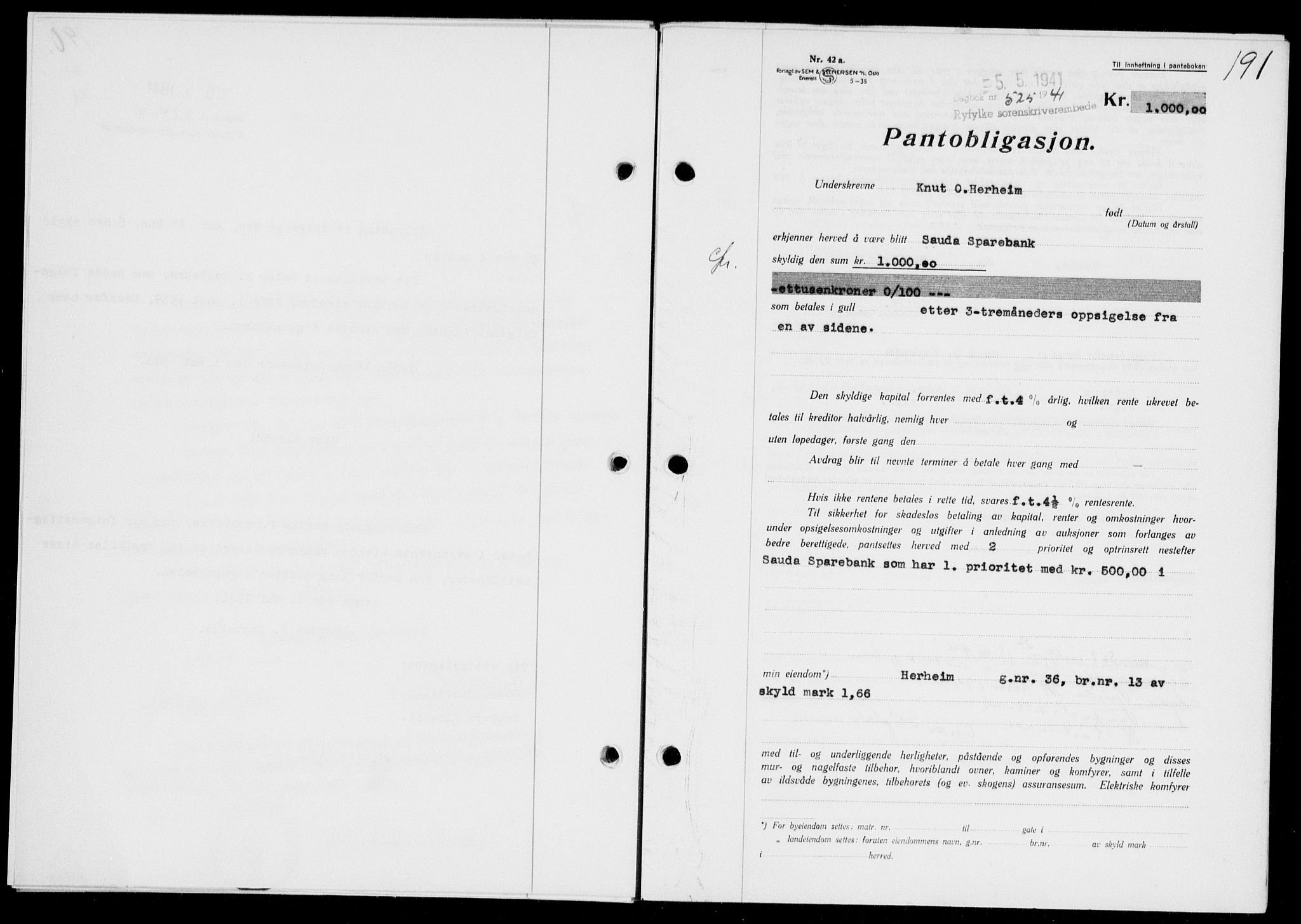 Ryfylke tingrett, SAST/A-100055/001/II/IIB/L0083: Pantebok nr. 62, 1941-1941, Dagboknr: 525/1941