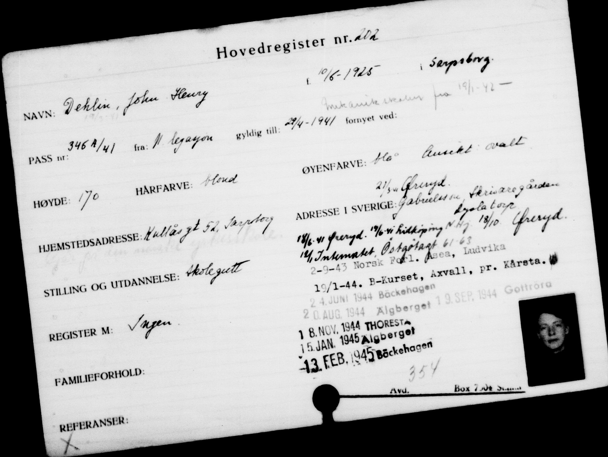 Utenriksstasjonene, Legasjonen i Stockholm, Flyktningkontoret, AV/RA-S-6753/V/Va/L0001: Kjesäterkartoteket, flyktninger med registreringsnr. 1-1000, 1940-1945, s. 330