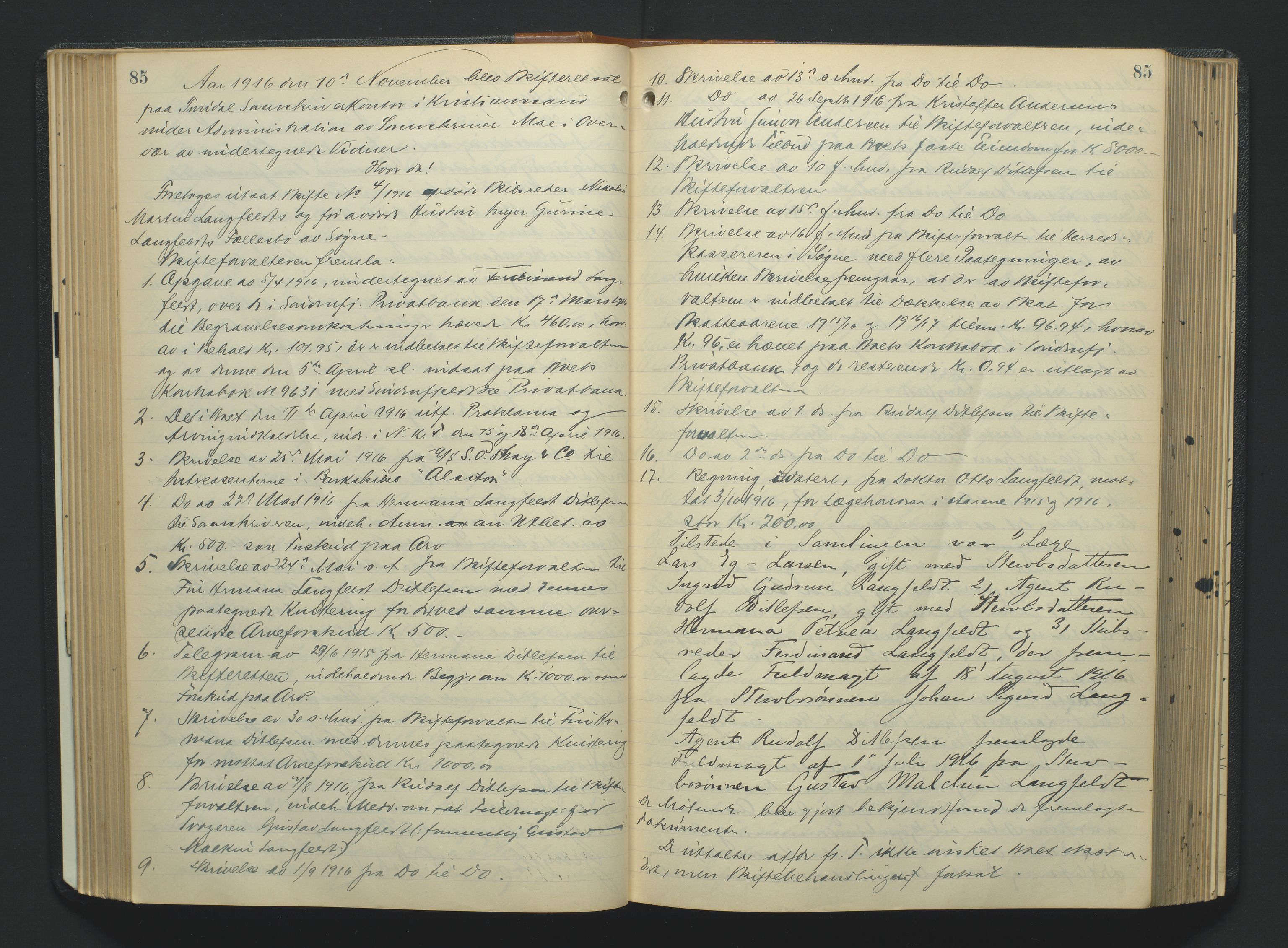 Torridal sorenskriveri, AV/SAK-1221-0012/H/Hc/L0023: Skifteforhandlingsprotokoll med navneregister nr. 9, 1915-1921, s. 85