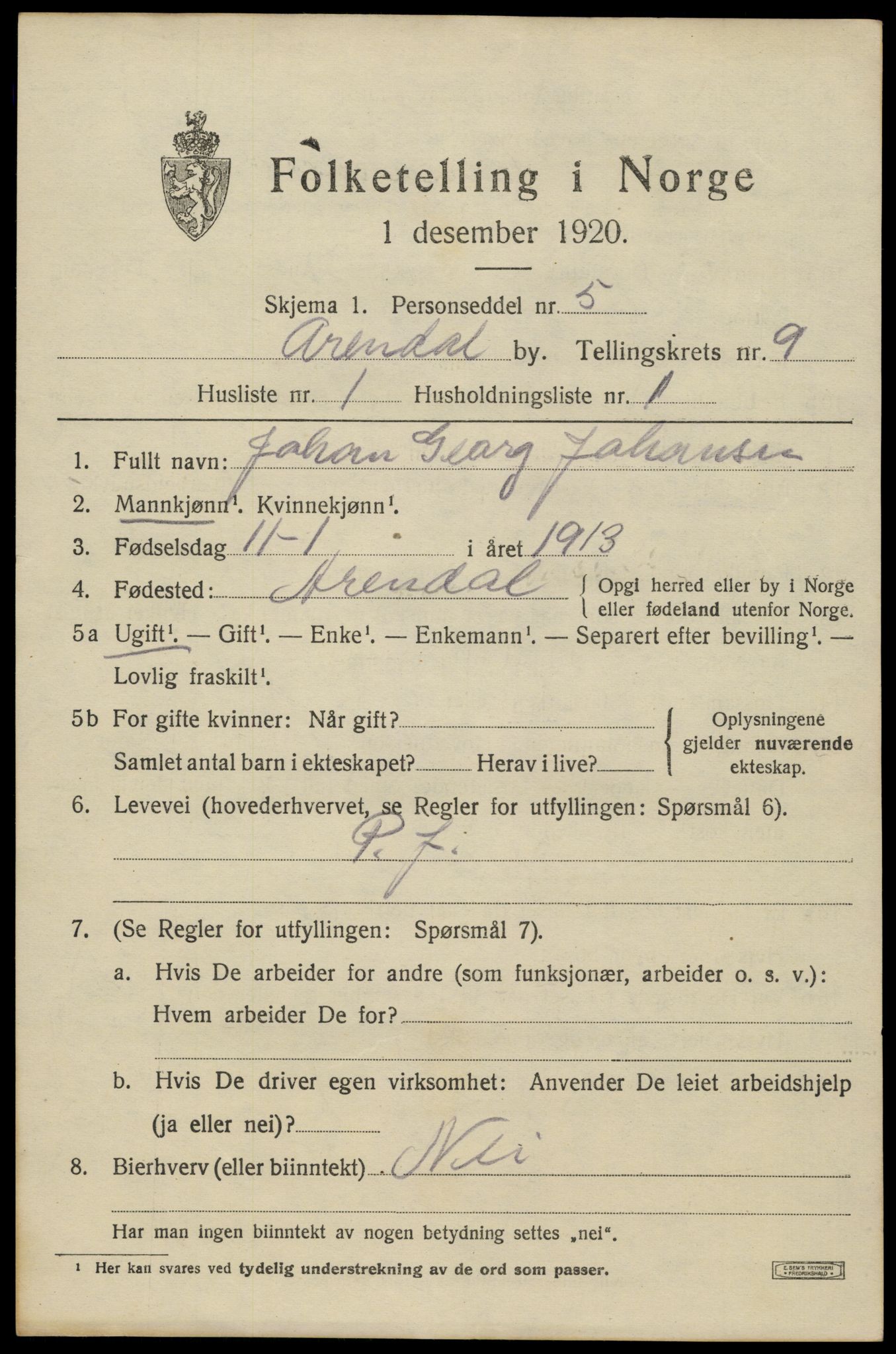 SAK, Folketelling 1920 for 0903 Arendal kjøpstad, 1920, s. 16106