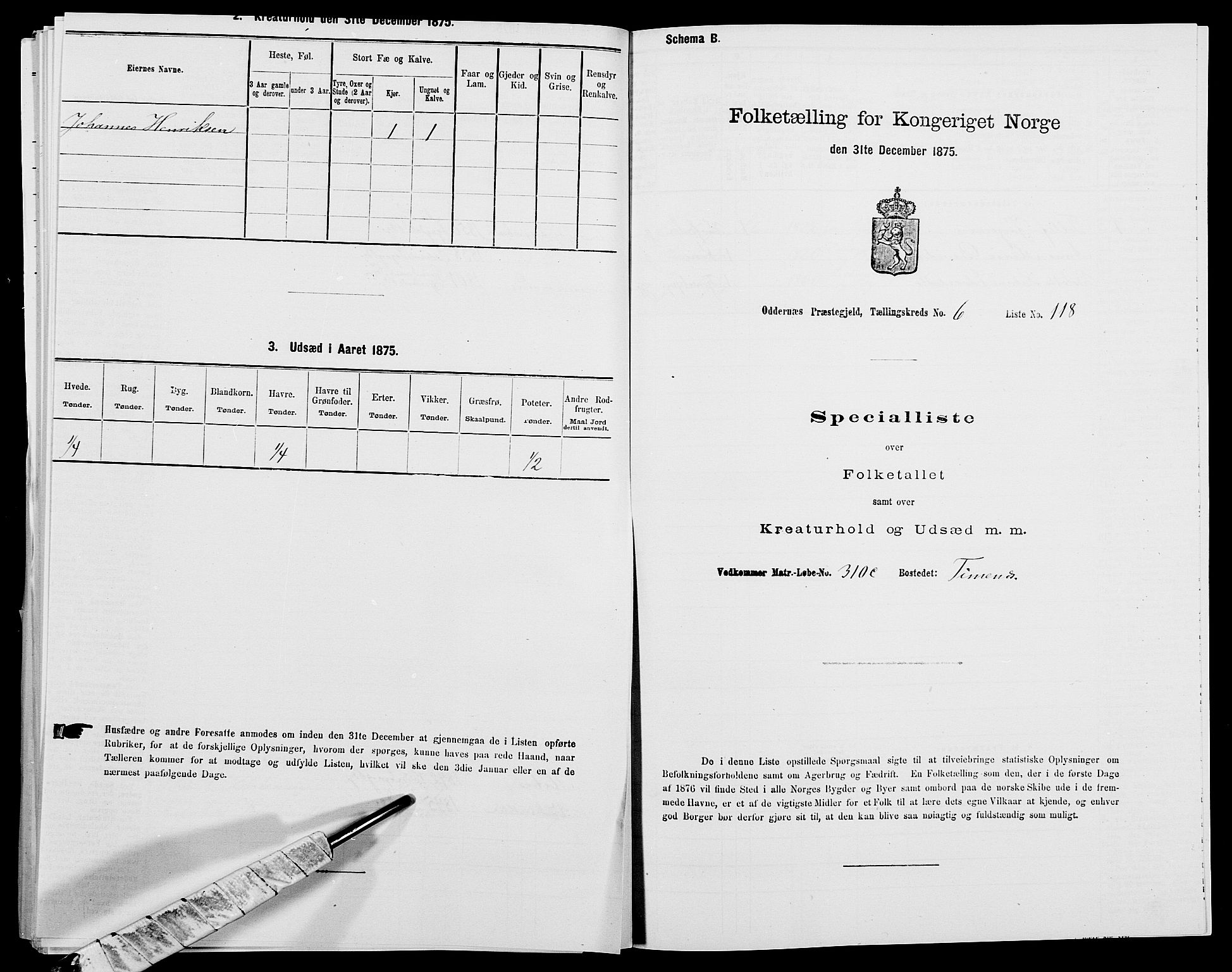 SAK, Folketelling 1875 for 1012P Oddernes prestegjeld, 1875, s. 1227