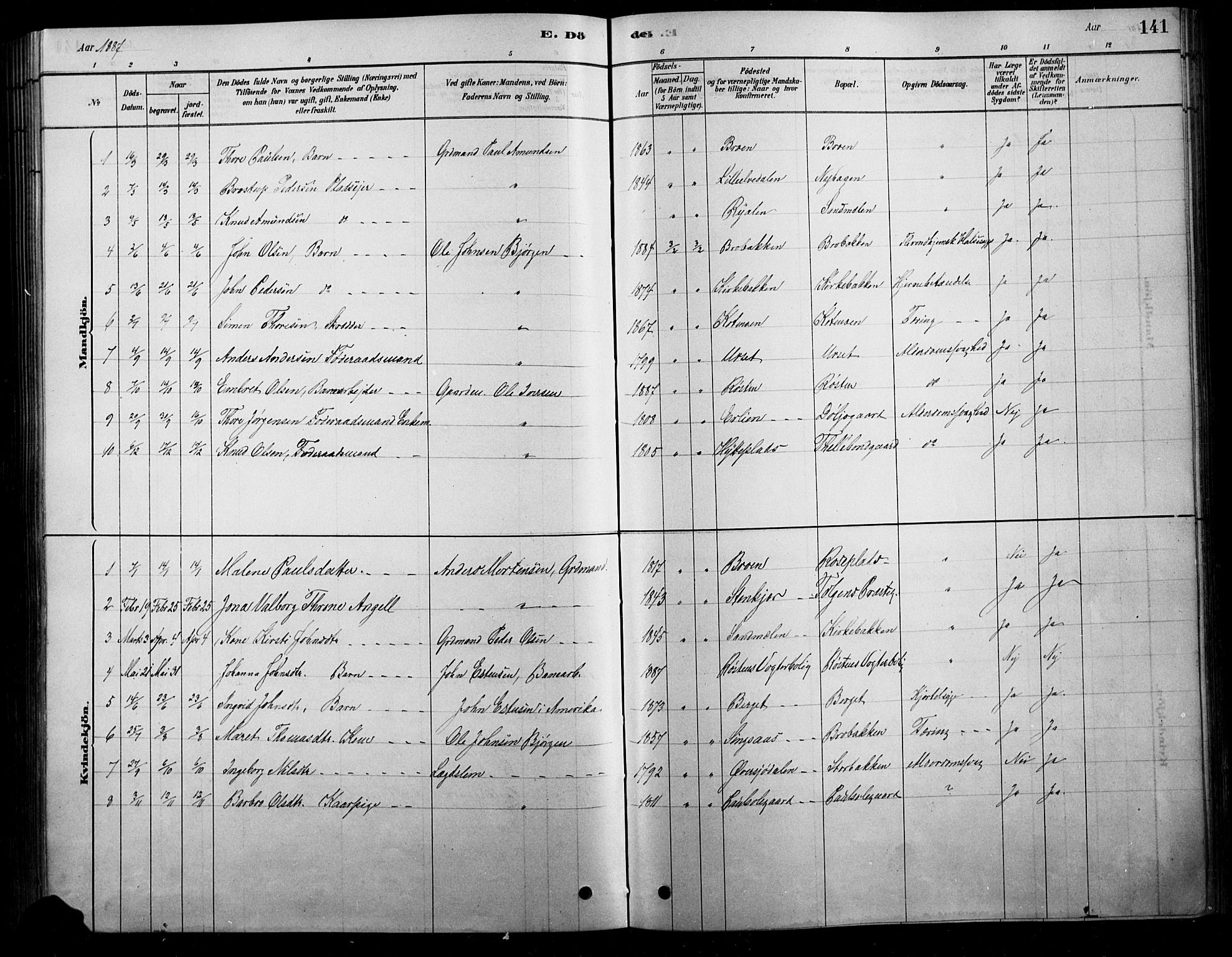 Tolga prestekontor, AV/SAH-PREST-062/L/L0007: Klokkerbok nr. 7, 1878-1919, s. 141
