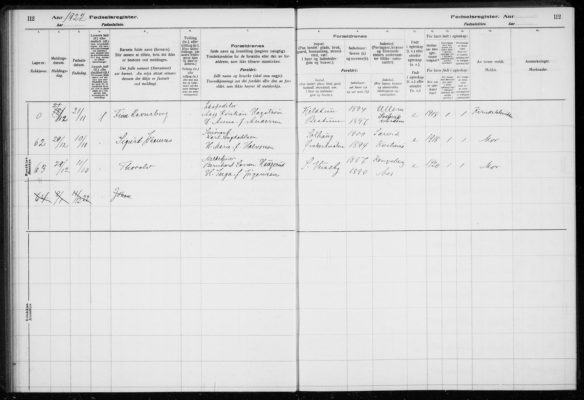 Ullern prestekontor Kirkebøker, AV/SAO-A-10740/J/L0001: Fødselsregister nr. 1, 1916-1928, s. 112