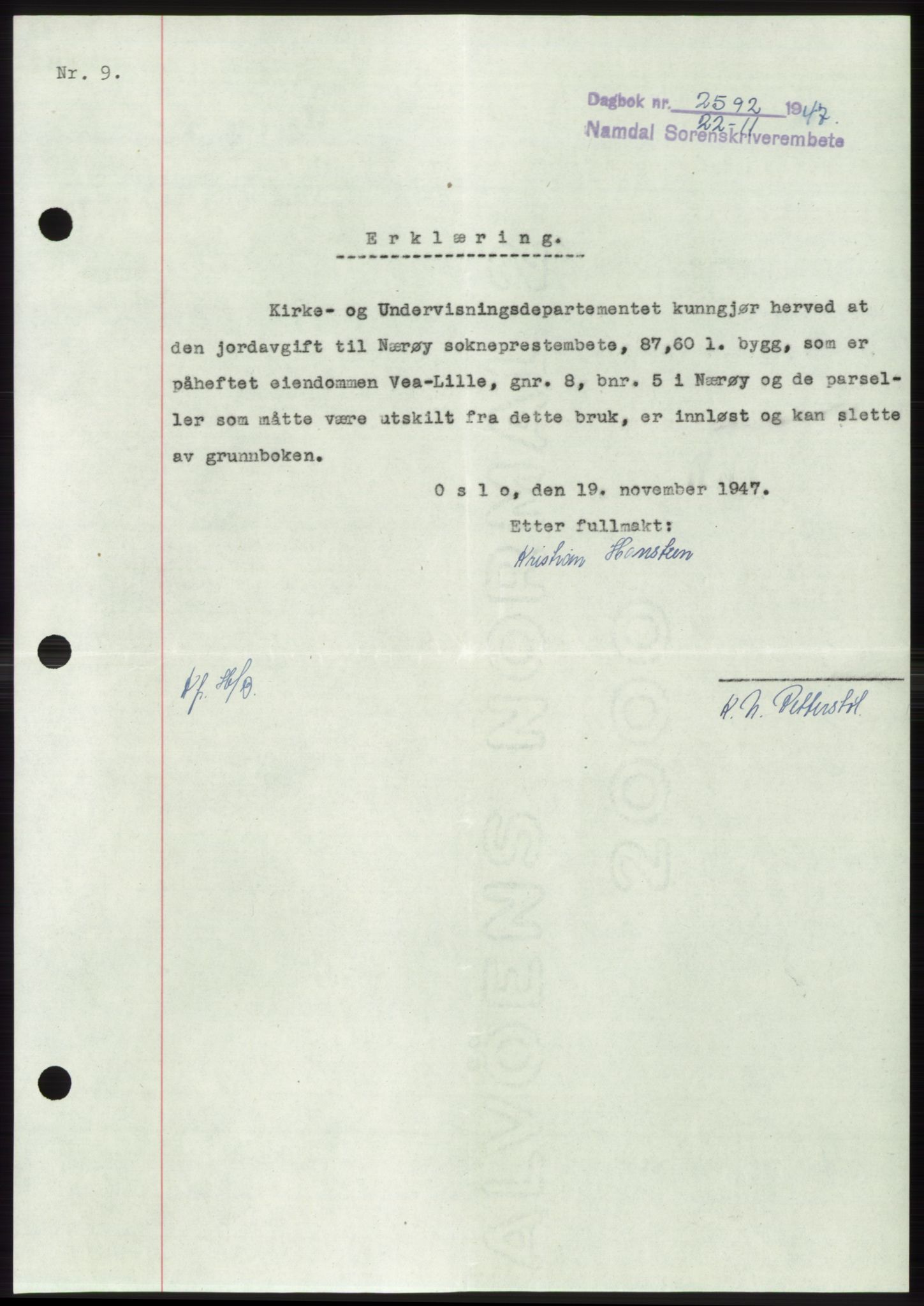 Namdal sorenskriveri, SAT/A-4133/1/2/2C: Pantebok nr. -, 1947-1948, Dagboknr: 2592/1947