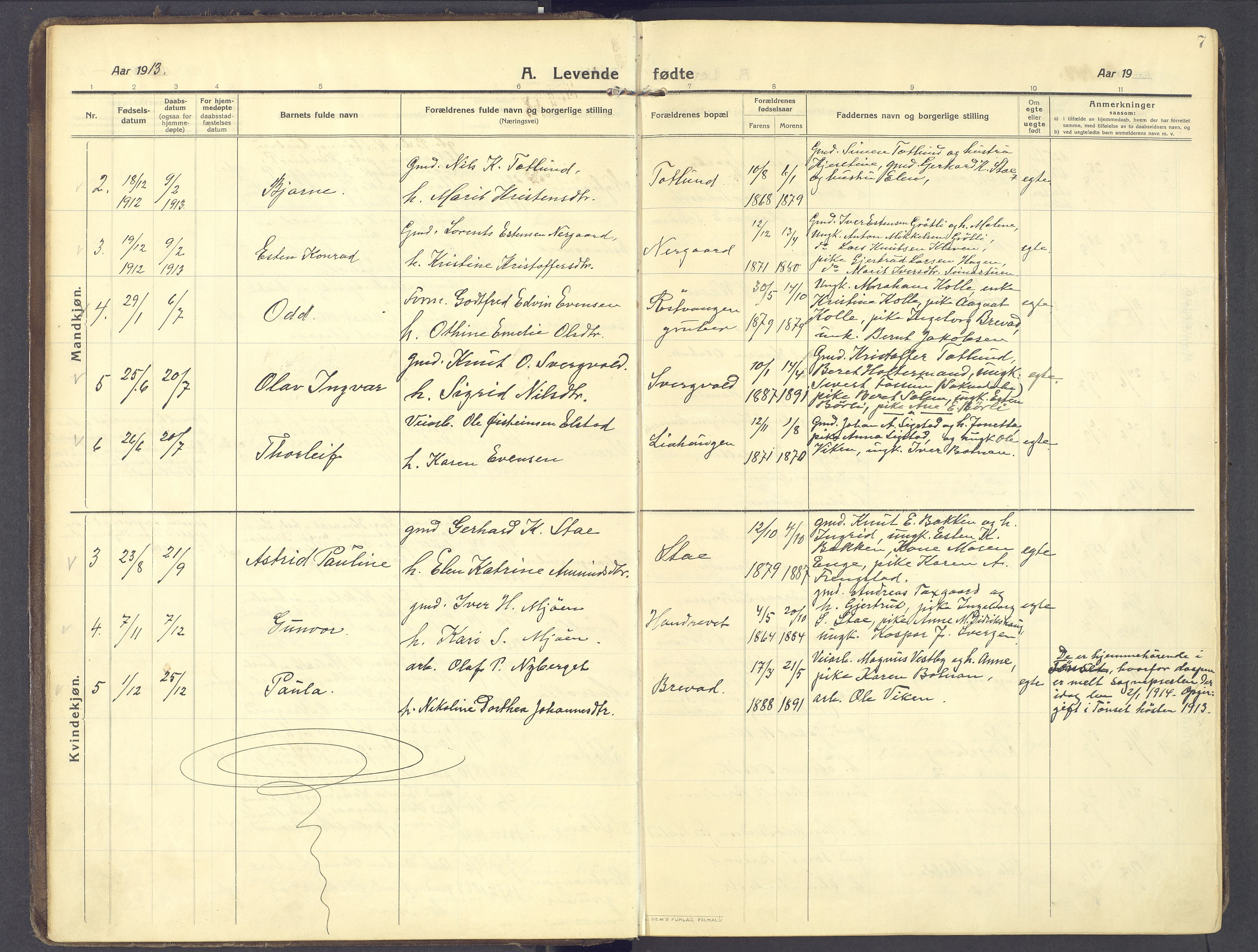 Kvikne prestekontor, AV/SAH-PREST-064/H/Ha/Haa/L0009: Ministerialbok nr. 9, 1911-1942, s. 7