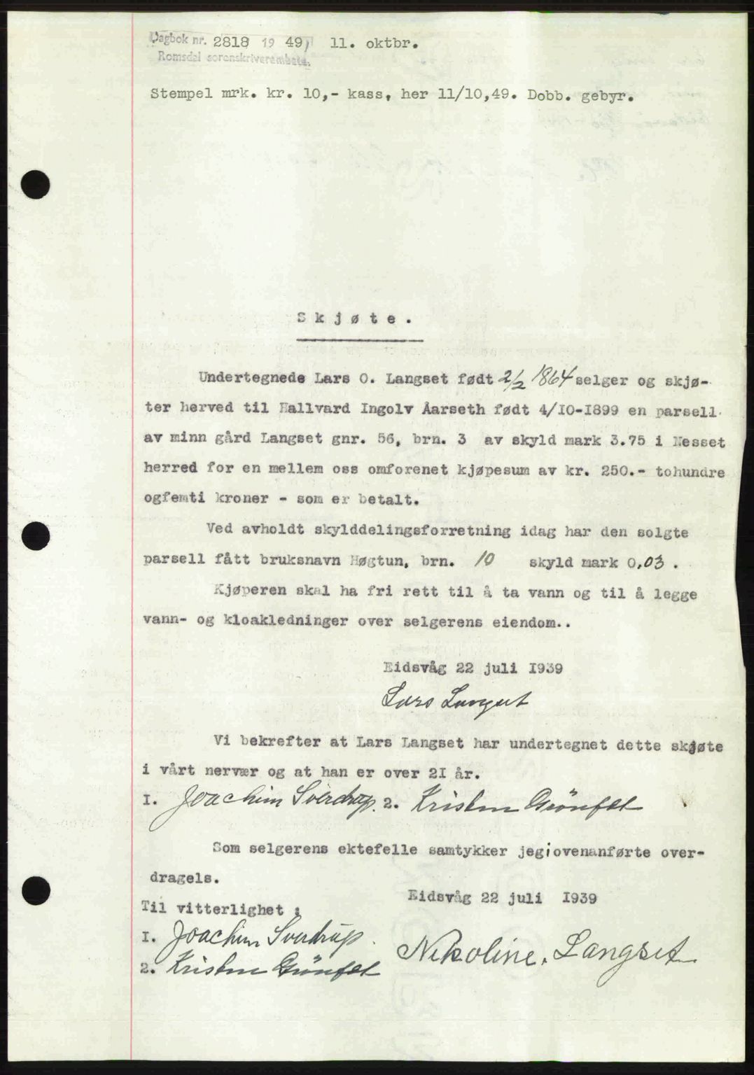 Romsdal sorenskriveri, SAT/A-4149/1/2/2C: Pantebok nr. A31, 1949-1949, Dagboknr: 2818/1949