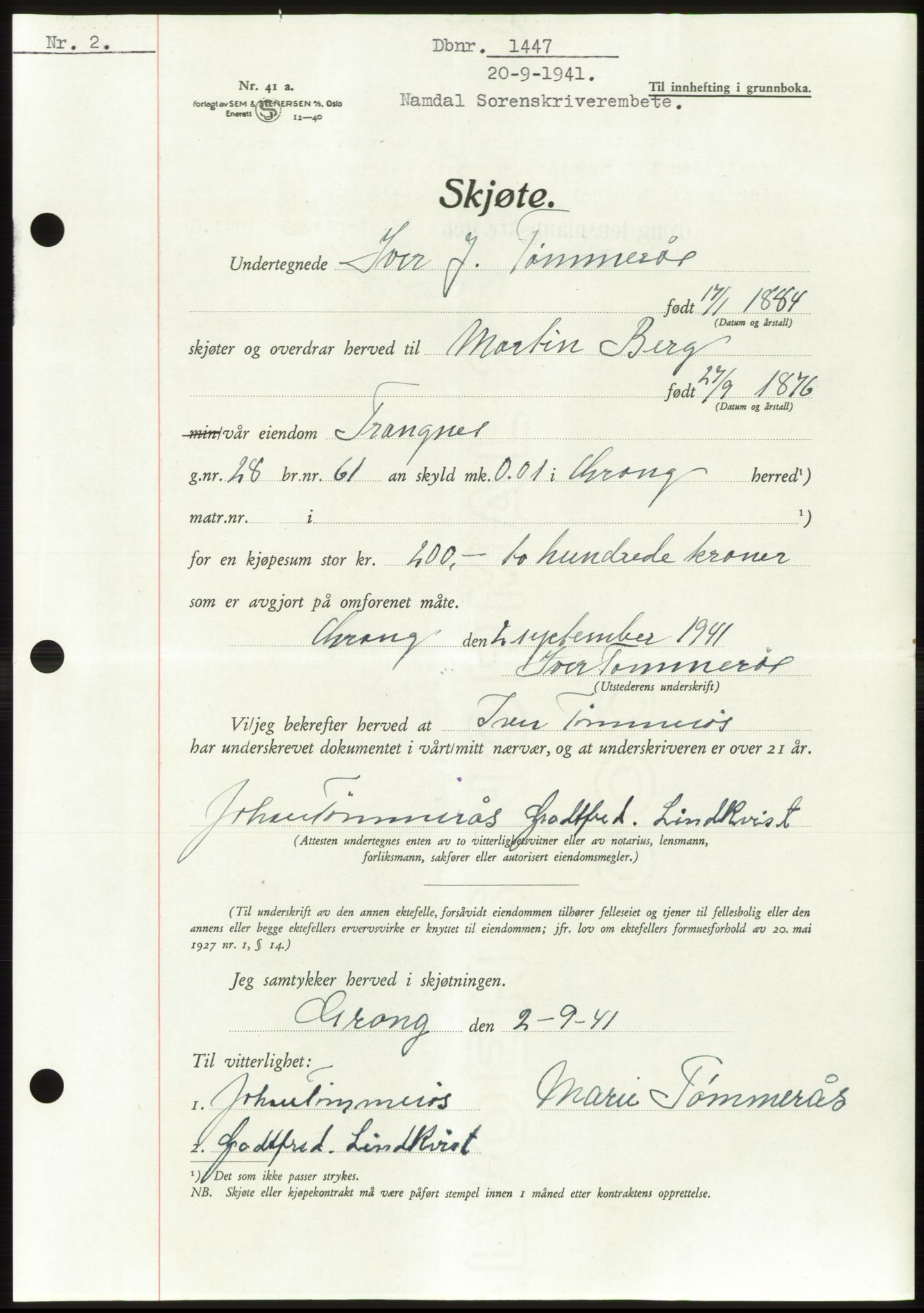 Namdal sorenskriveri, SAT/A-4133/1/2/2C: Pantebok nr. -, 1941-1942, Dagboknr: 1447/1941