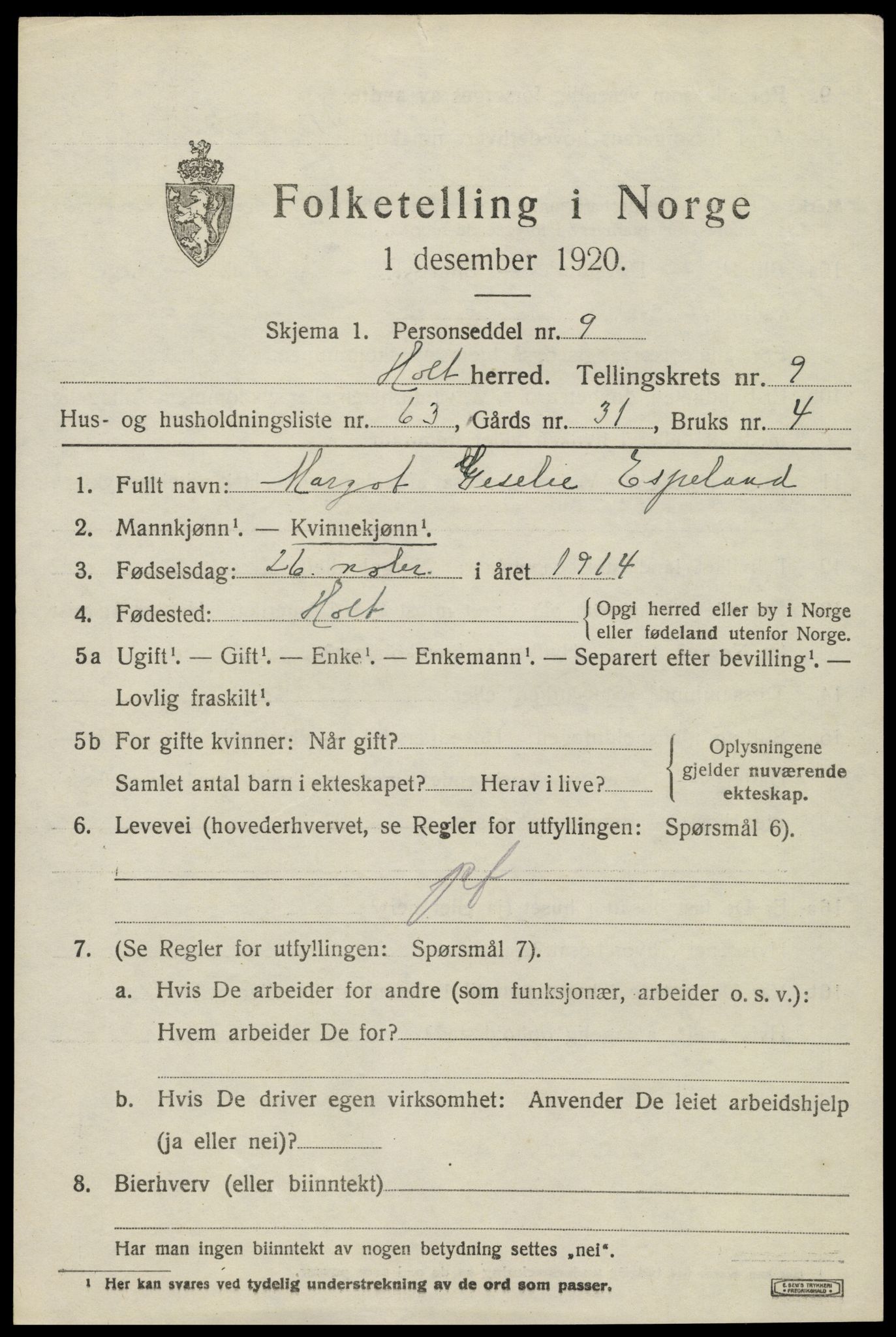 SAK, Folketelling 1920 for 0914 Holt herred, 1920, s. 5716