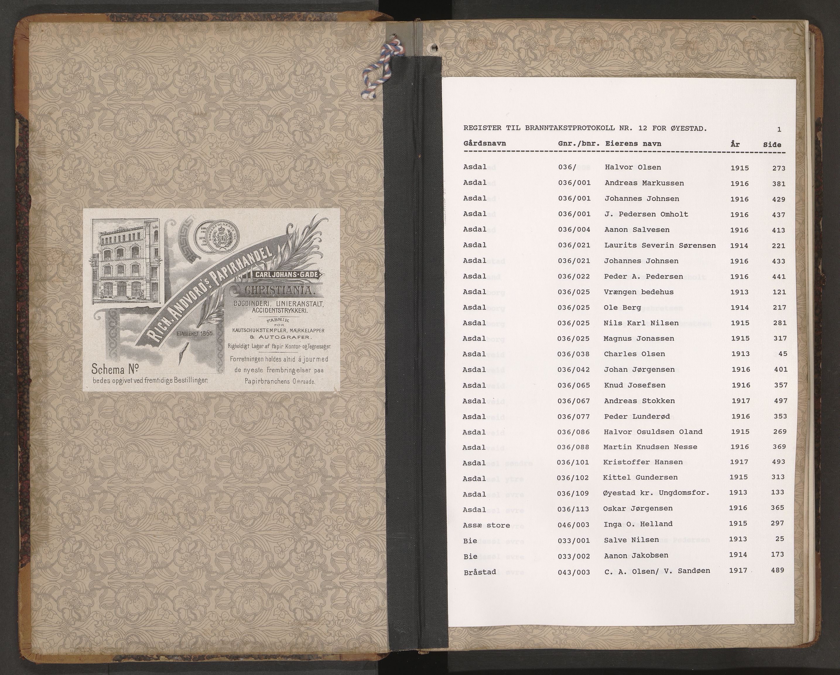 Norges Brannkasse Øyestad, SAK/2241-0059/F/Fa/L0012: Branntakstprotokoll nr. 12 med gårdsnavnregister, 1912-1917