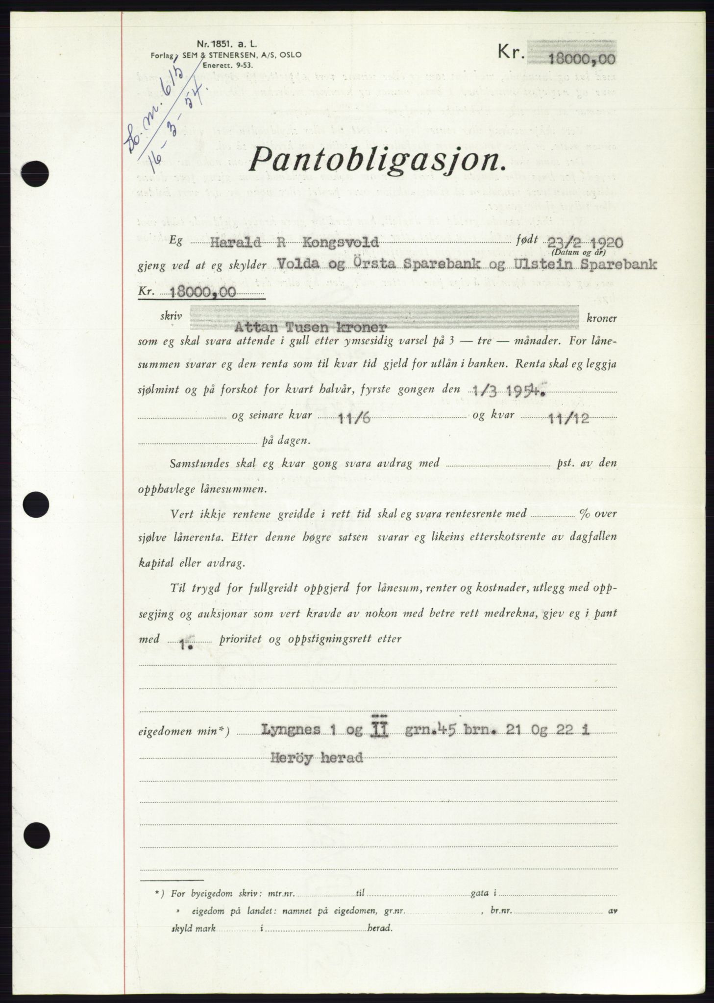 Søre Sunnmøre sorenskriveri, AV/SAT-A-4122/1/2/2C/L0124: Pantebok nr. 12B, 1953-1954, Dagboknr: 615/1954