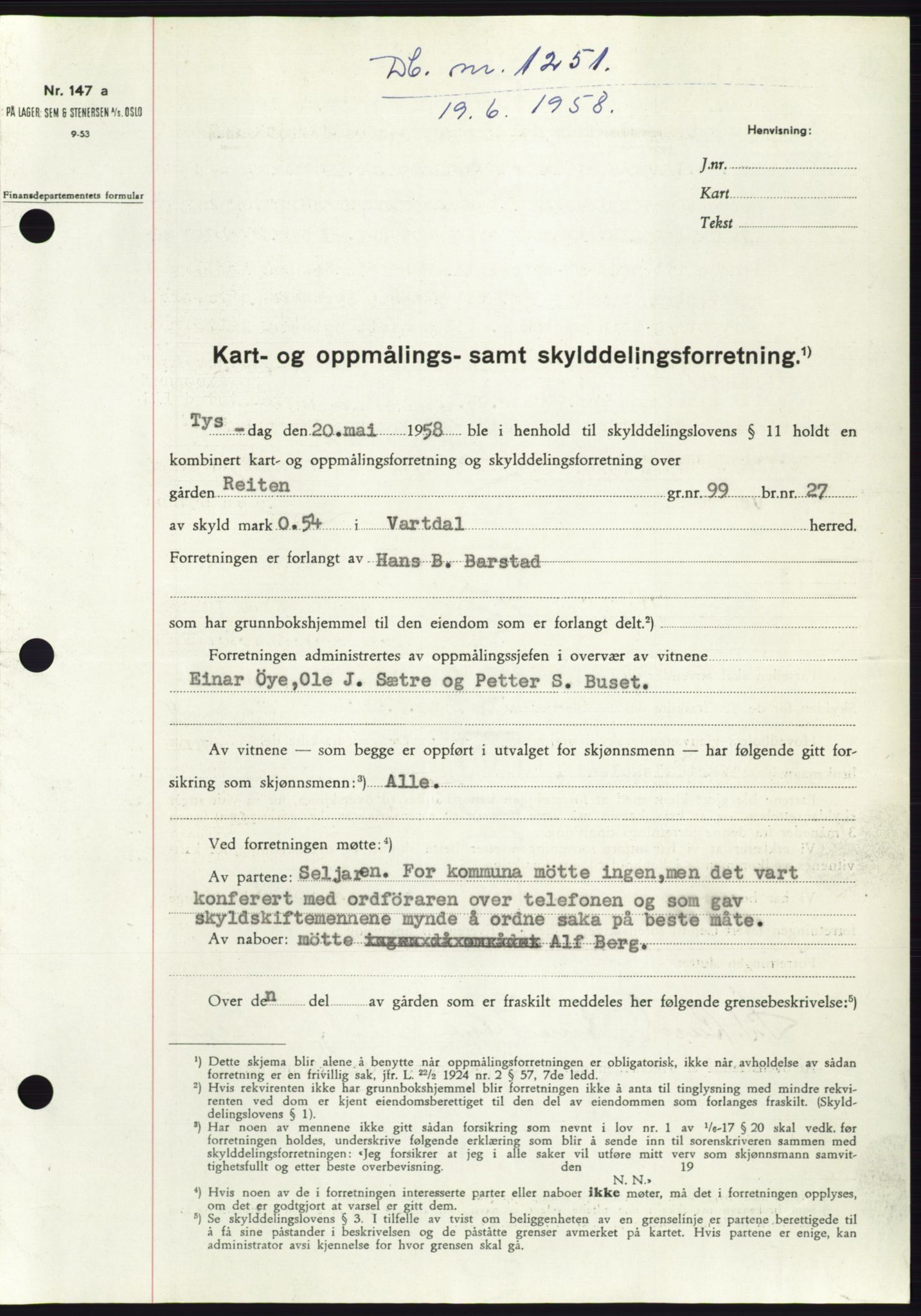 Søre Sunnmøre sorenskriveri, SAT/A-4122/1/2/2C/L0109: Pantebok nr. 35A, 1958-1958, Dagboknr: 1251/1958