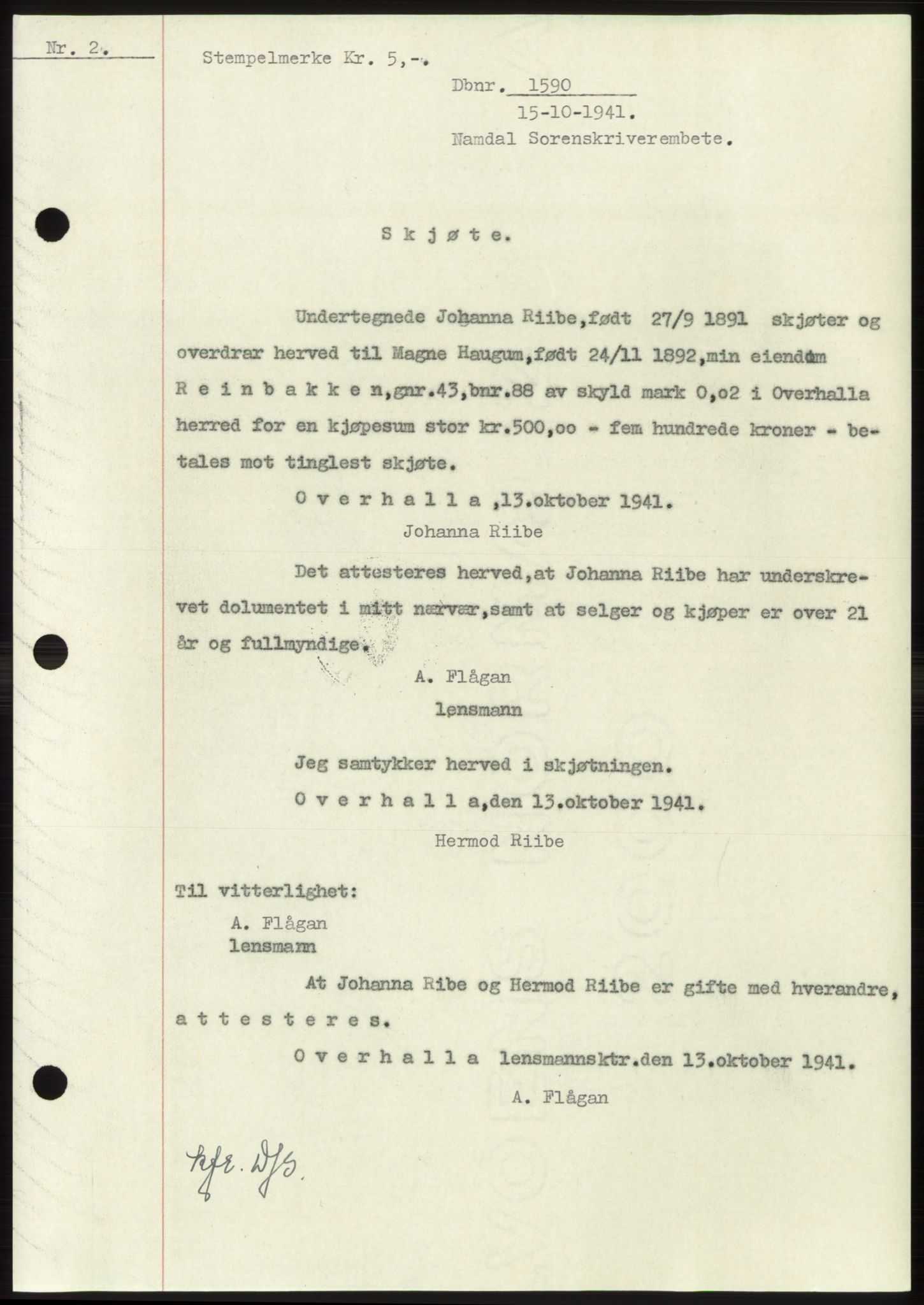 Namdal sorenskriveri, SAT/A-4133/1/2/2C: Pantebok nr. -, 1941-1942, Dagboknr: 1590/1941
