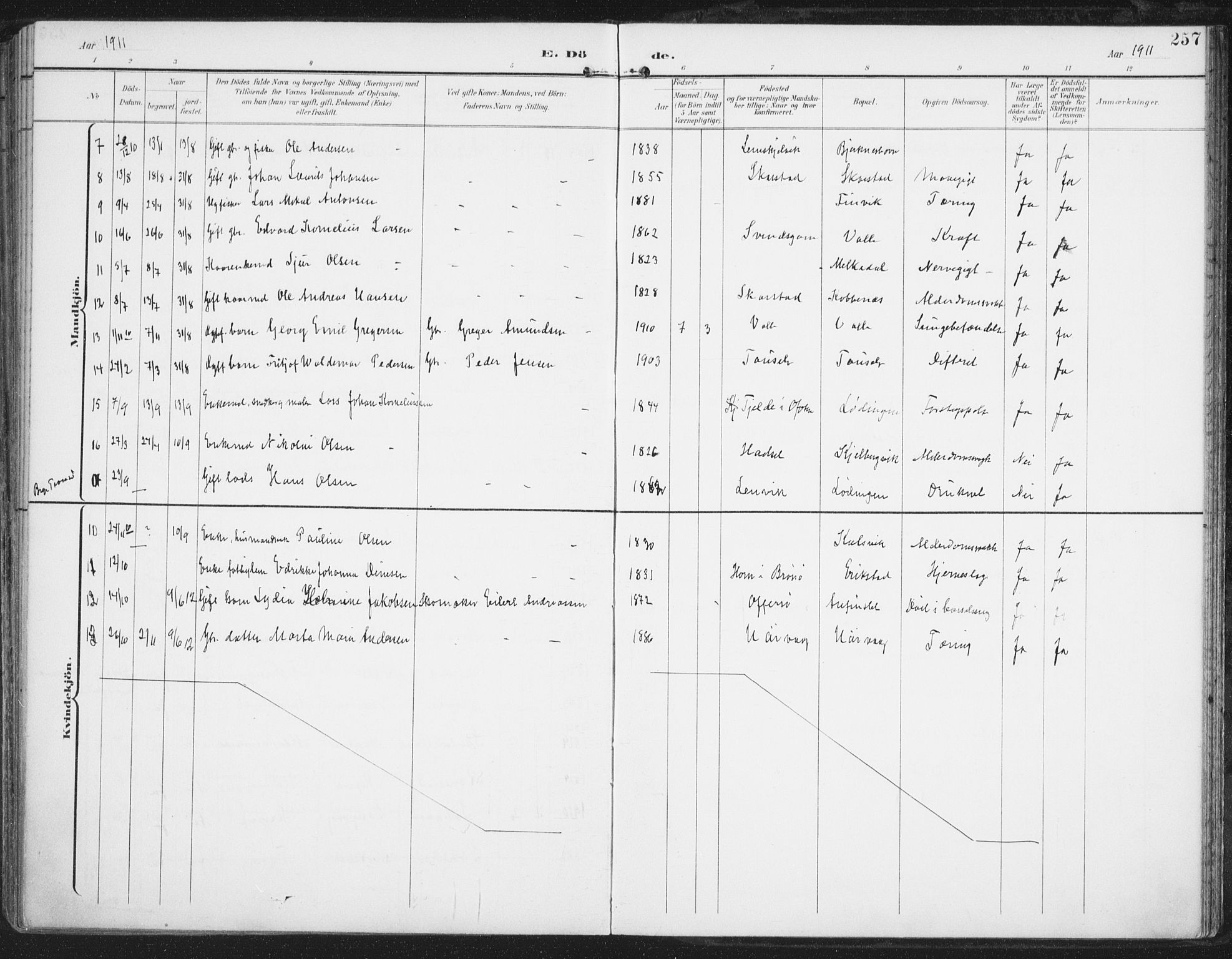 Ministerialprotokoller, klokkerbøker og fødselsregistre - Nordland, AV/SAT-A-1459/872/L1036: Ministerialbok nr. 872A11, 1897-1913, s. 257