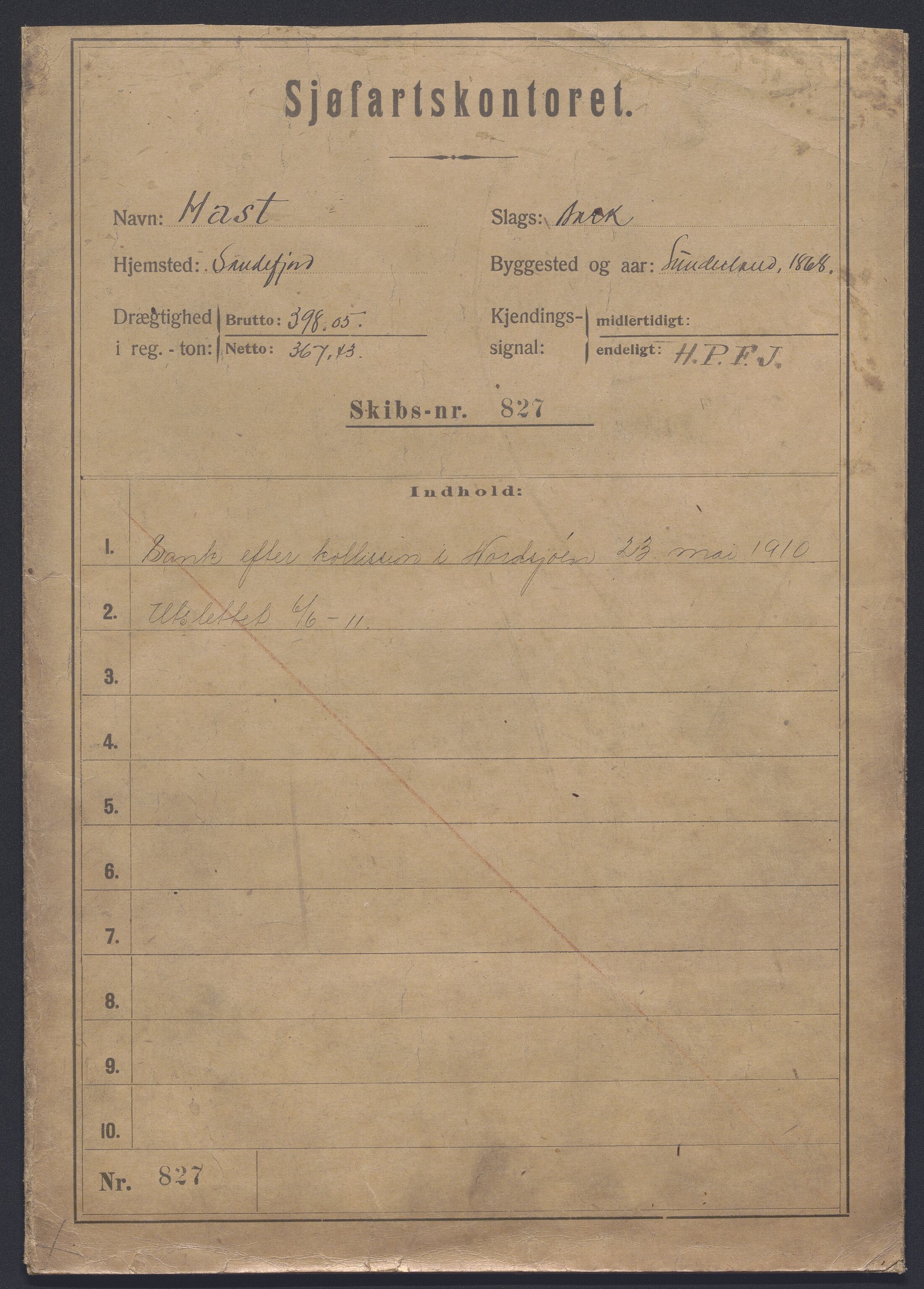Sjøfartsdirektoratet med forløpere, skipsmapper slettede skip, AV/RA-S-4998/F/Fa/L0466: --, 1868-1926, s. 1