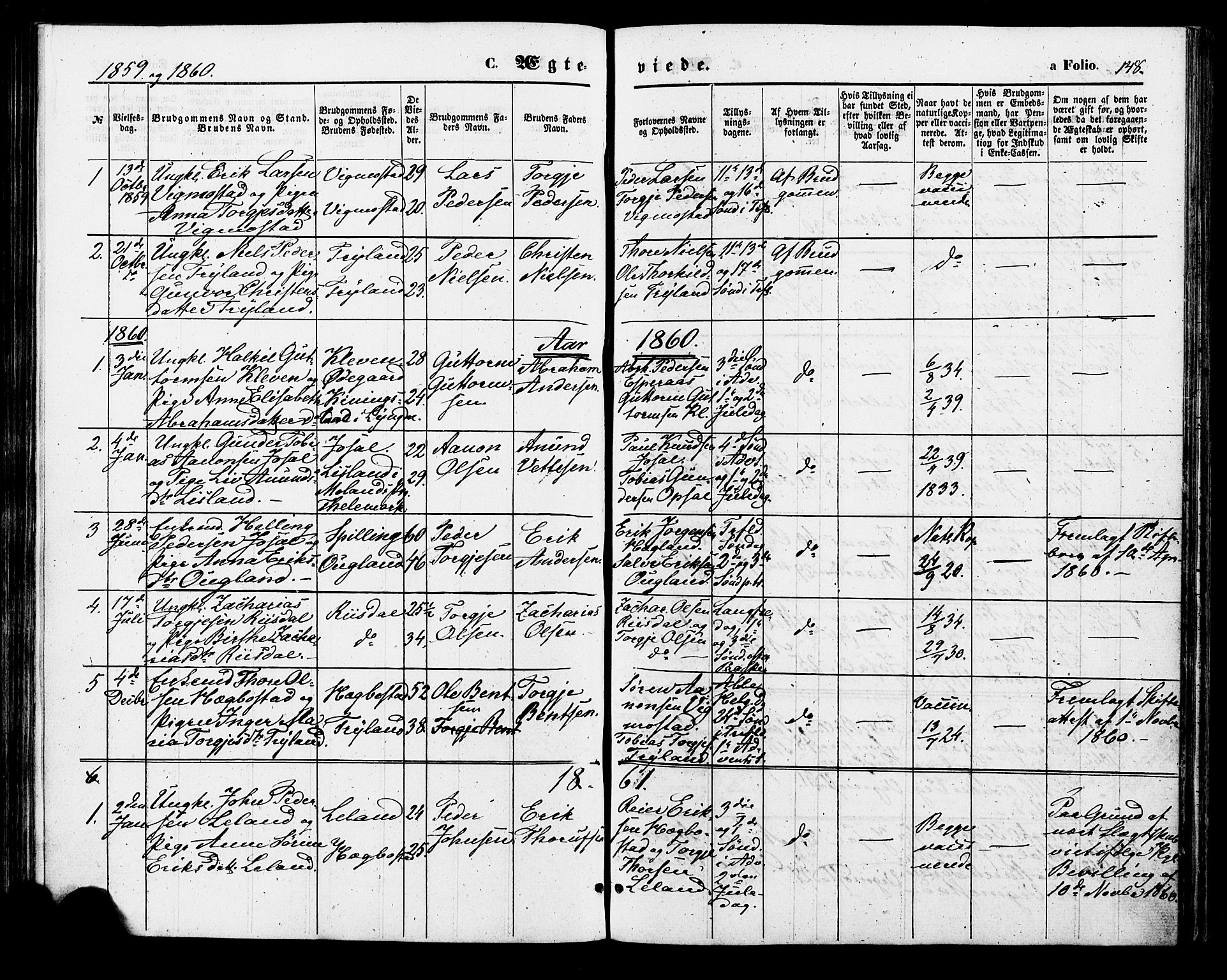 Nord-Audnedal sokneprestkontor, SAK/1111-0032/F/Fa/Fab/L0002: Ministerialbok nr. A 2, 1859-1882, s. 148