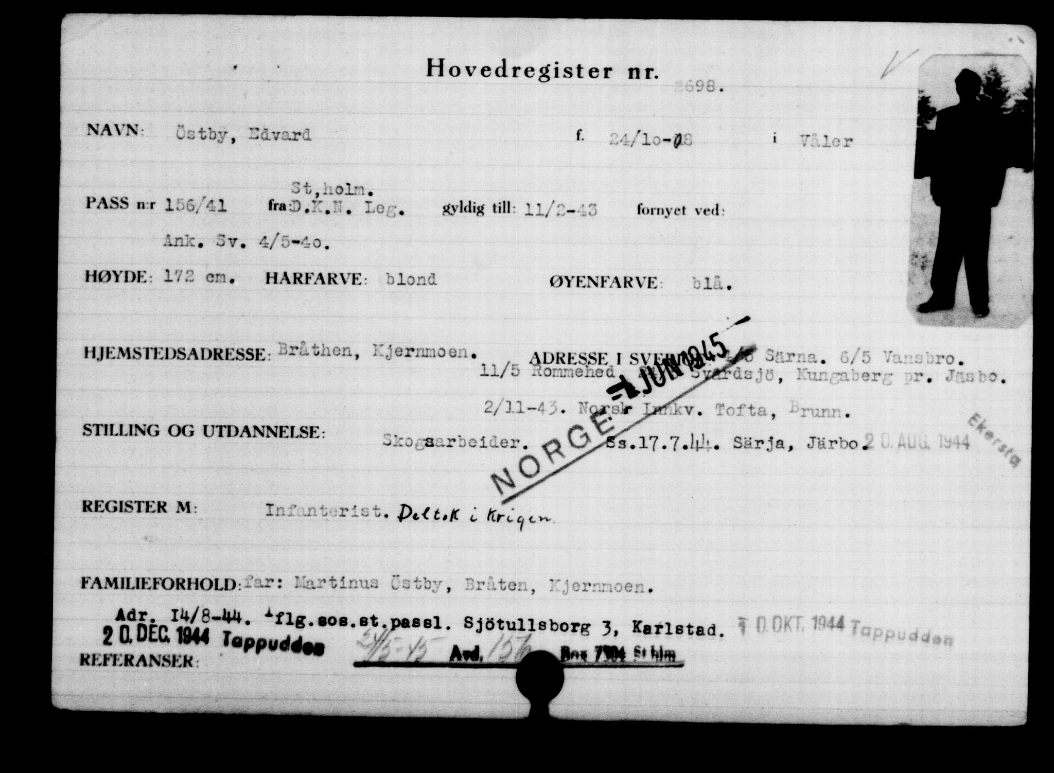 Den Kgl. Norske Legasjons Flyktningskontor, AV/RA-S-6753/V/Va/L0003: Kjesäterkartoteket.  Flyktningenr. 2001-3495, 1940-1945, s. 1077