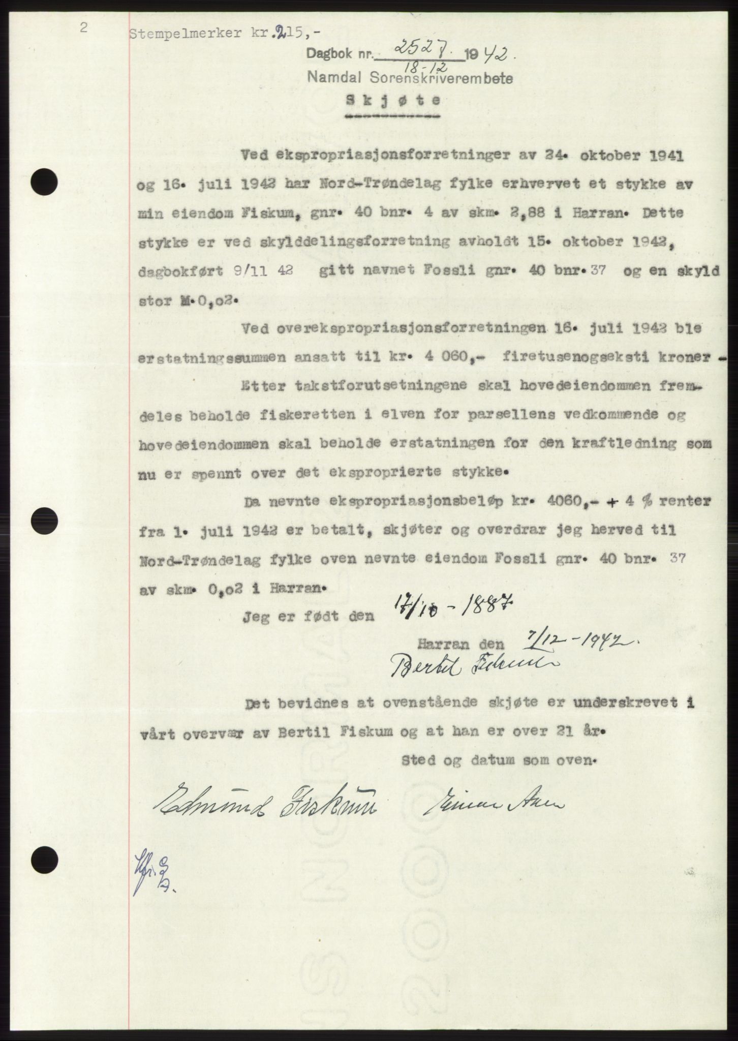 Namdal sorenskriveri, SAT/A-4133/1/2/2C: Pantebok nr. -, 1942-1943, Dagboknr: 2527/1942