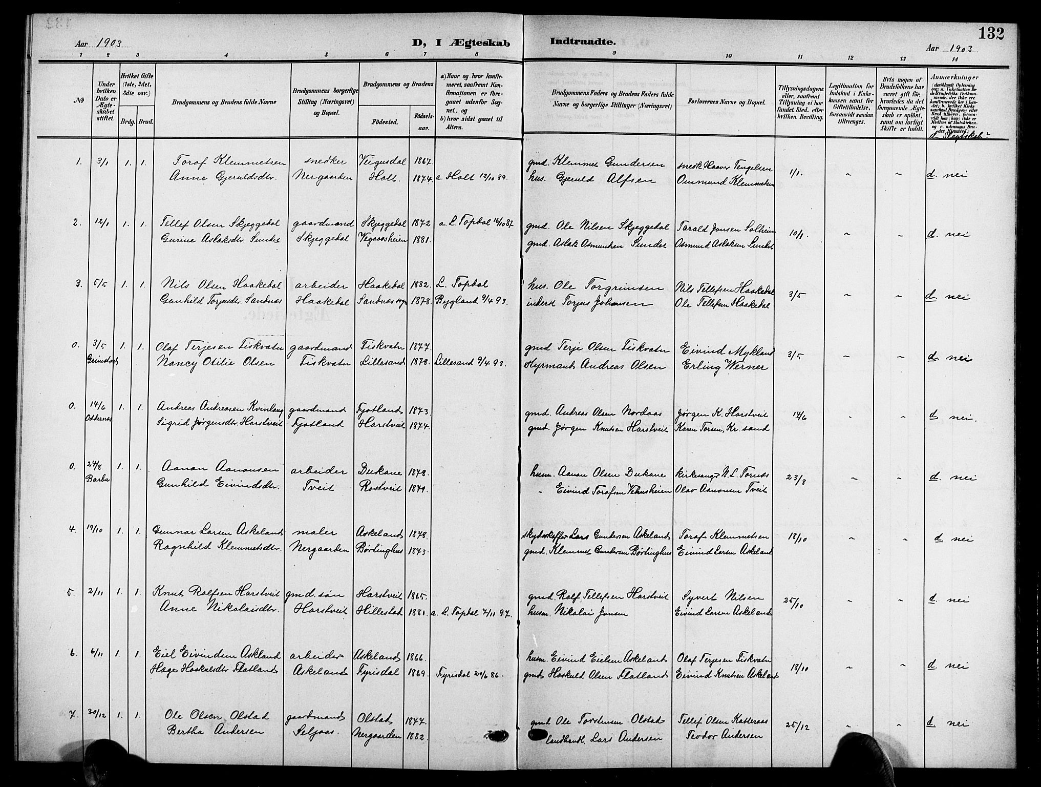 Åmli sokneprestkontor, SAK/1111-0050/F/Fb/Fbc/L0005: Klokkerbok nr. B 5, 1903-1916, s. 132