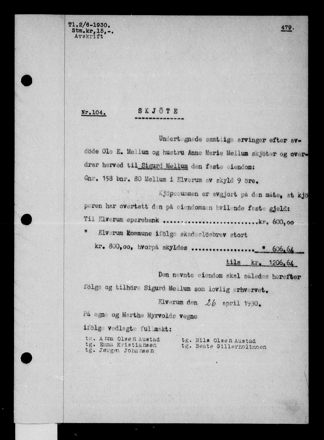 Sør-Østerdal sorenskriveri, SAH/TING-018/H/Hb/Hba/L0045: Pantebok nr. 45, 1929-1930, s. 479