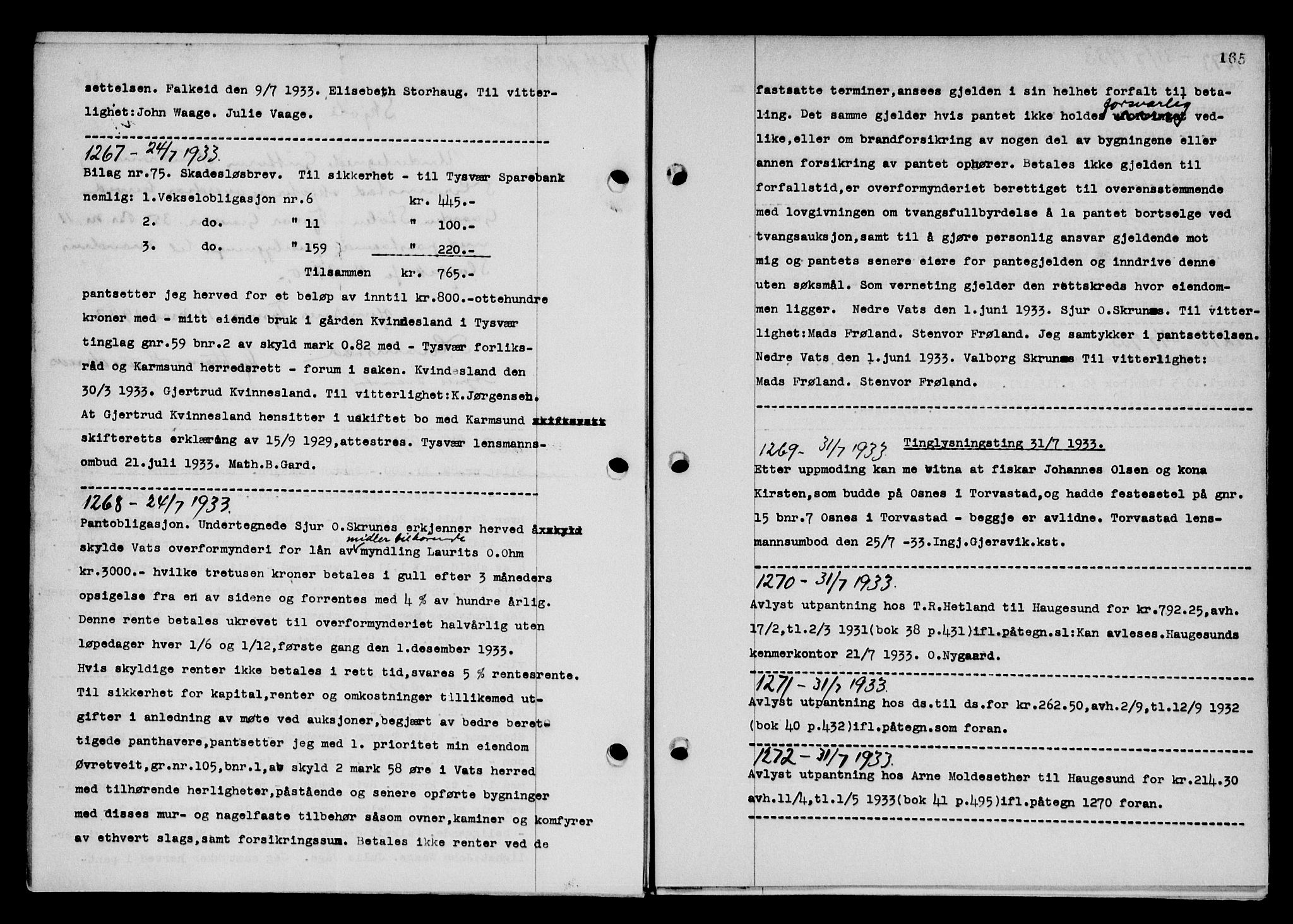 Karmsund sorenskriveri, SAST/A-100311/01/II/IIB/L0061: Pantebok nr. 42, 1933-1933, Tingl.dato: 31.07.1933