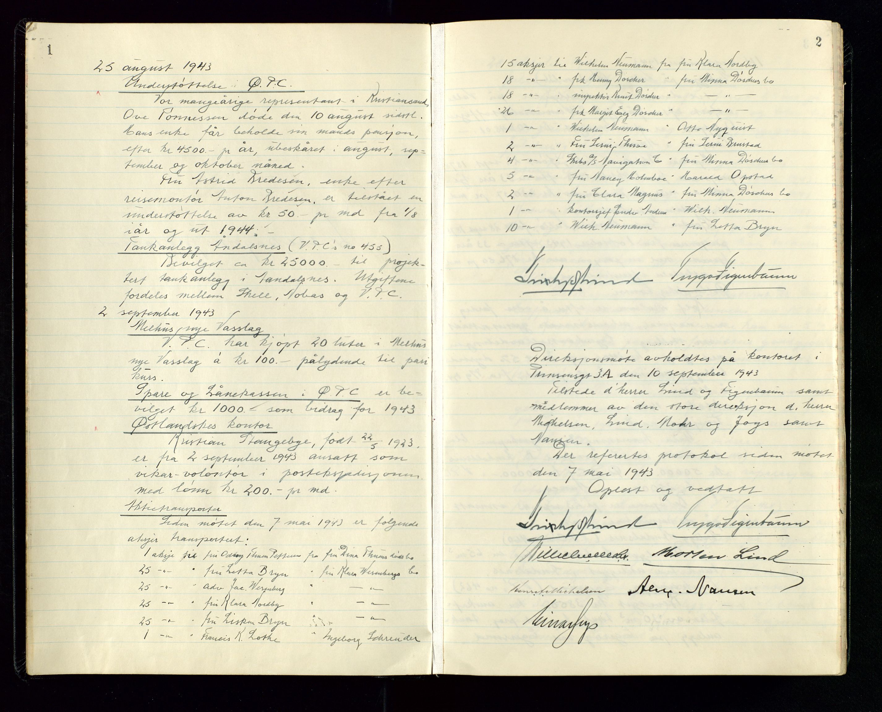 PA 1534 - Østlandske Petroleumscompagni A/S, AV/SAST-A-101954/A/Aa/L0005/0001: Direksjonsprotokoller / Den Administrerende Direksjon alle selskaper (referatprotokoll), 1943-1958, s. 1-2