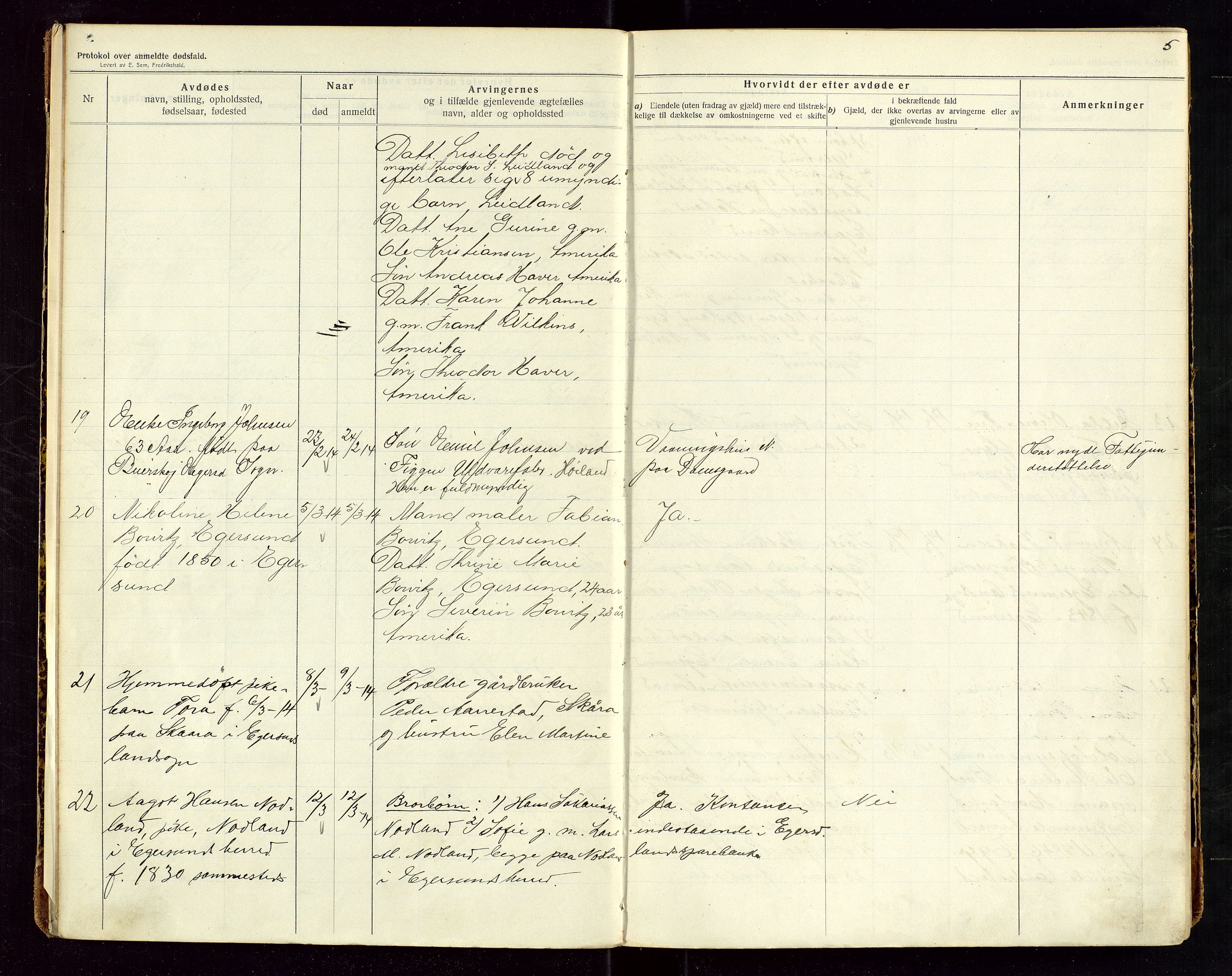 Eigersund lensmannskontor, AV/SAST-A-100171/Gga/L0006: "Protokol over anmeldte dødsfald" m/alfabetisk navneregister, 1914-1917, s. 5