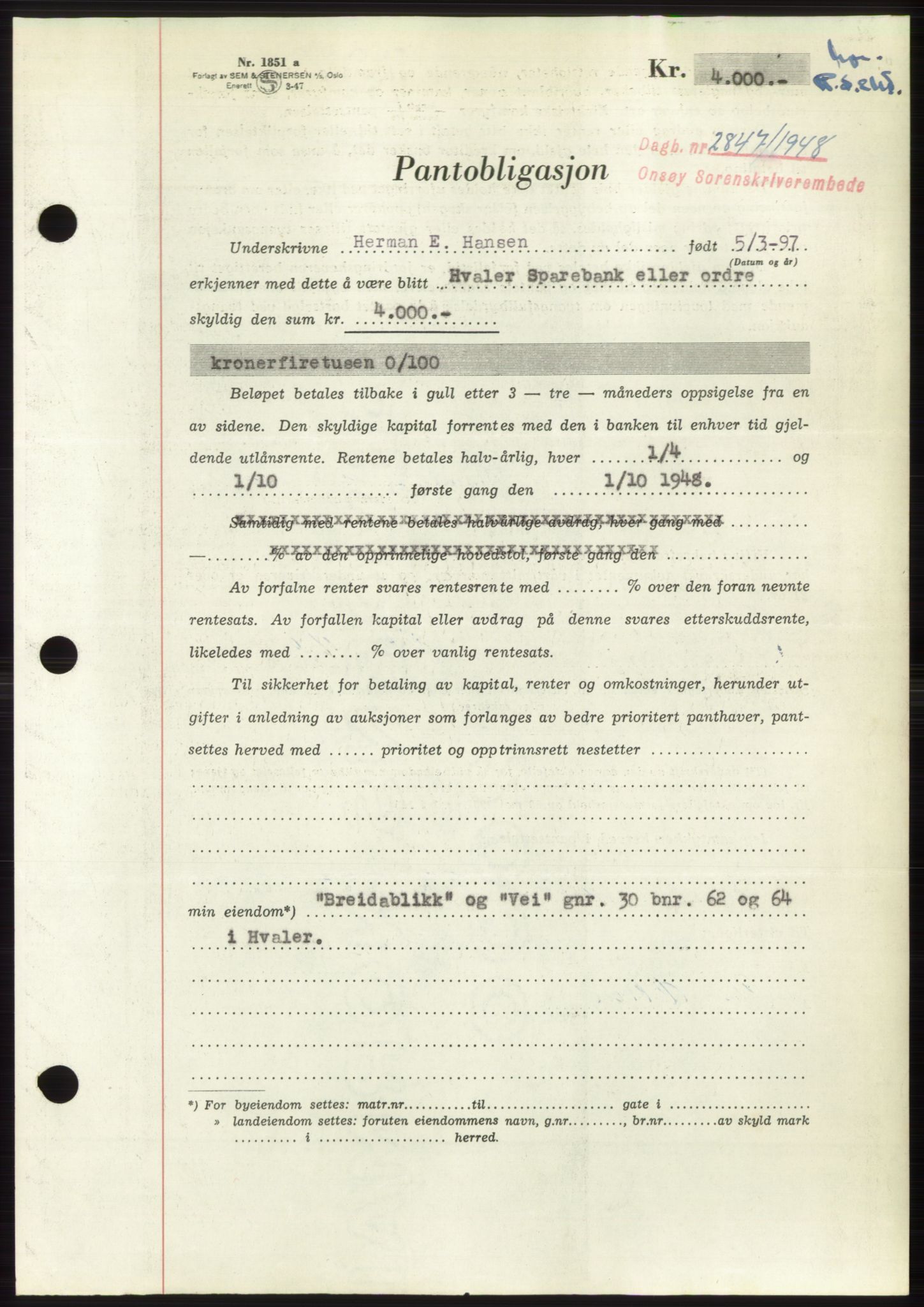 Onsøy sorenskriveri, SAO/A-10474/G/Ga/Gac/L0007: Pantebok nr. B 14-7, 1948-1948, Dagboknr: 2847/1948