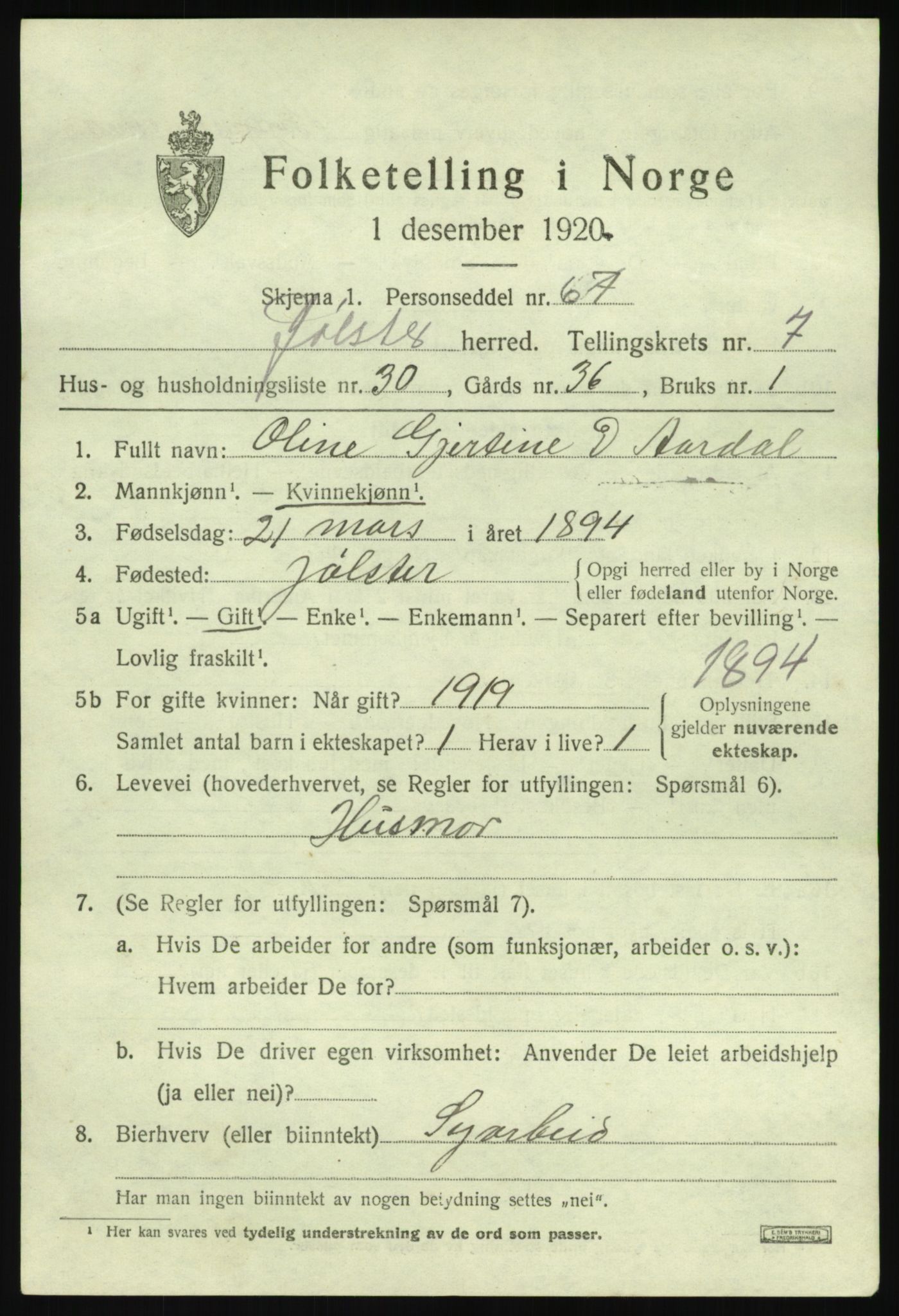 SAB, Folketelling 1920 for 1431 Jølster herred, 1920, s. 4000