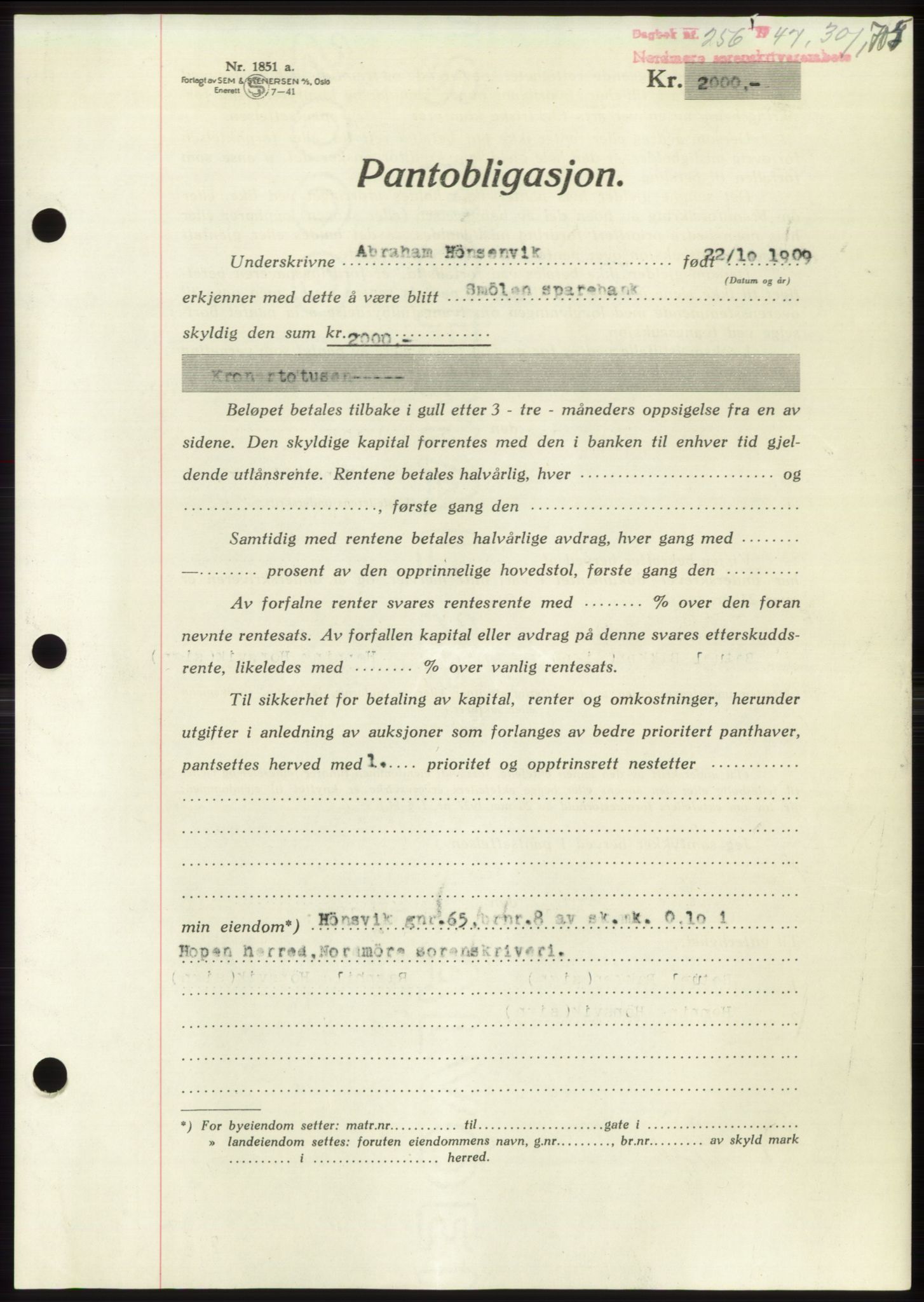 Nordmøre sorenskriveri, SAT/A-4132/1/2/2Ca: Pantebok nr. B95, 1946-1947, Dagboknr: 256/1947