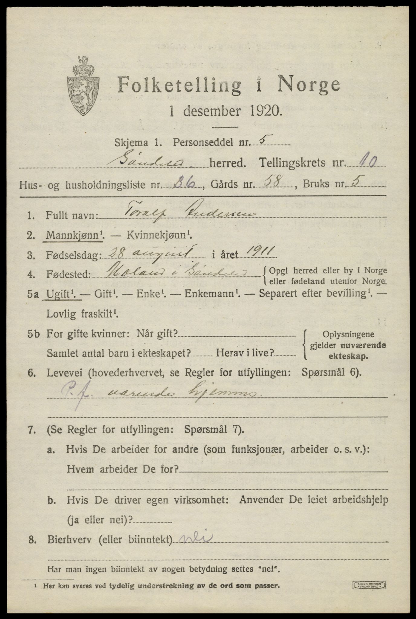 SAK, Folketelling 1920 for 0913 Søndeled herred, 1920, s. 5393