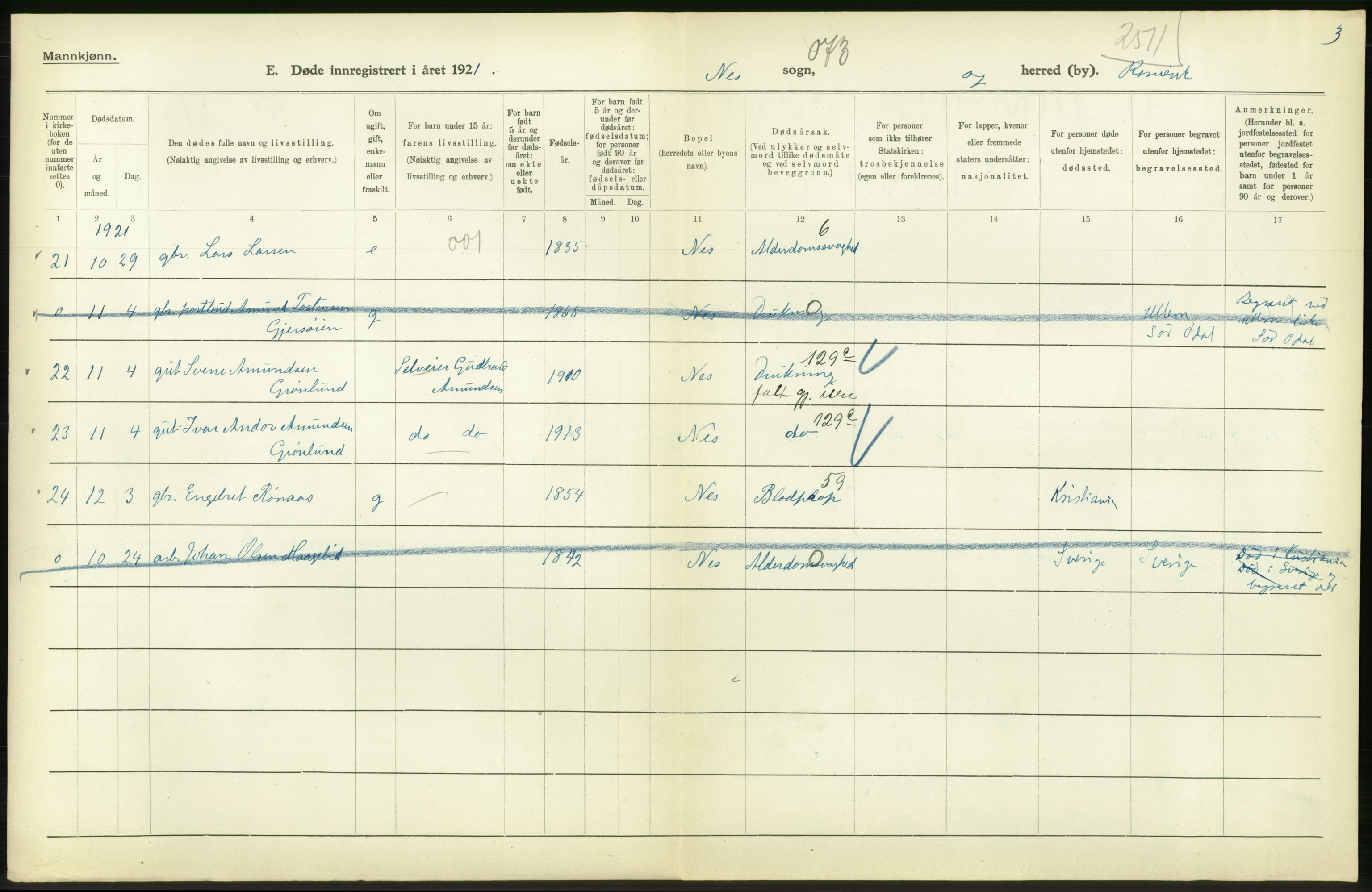 Statistisk sentralbyrå, Sosiodemografiske emner, Befolkning, AV/RA-S-2228/D/Df/Dfc/Dfca/L0007: Akershus fylke: Døde. Bygder og byer., 1921, s. 470