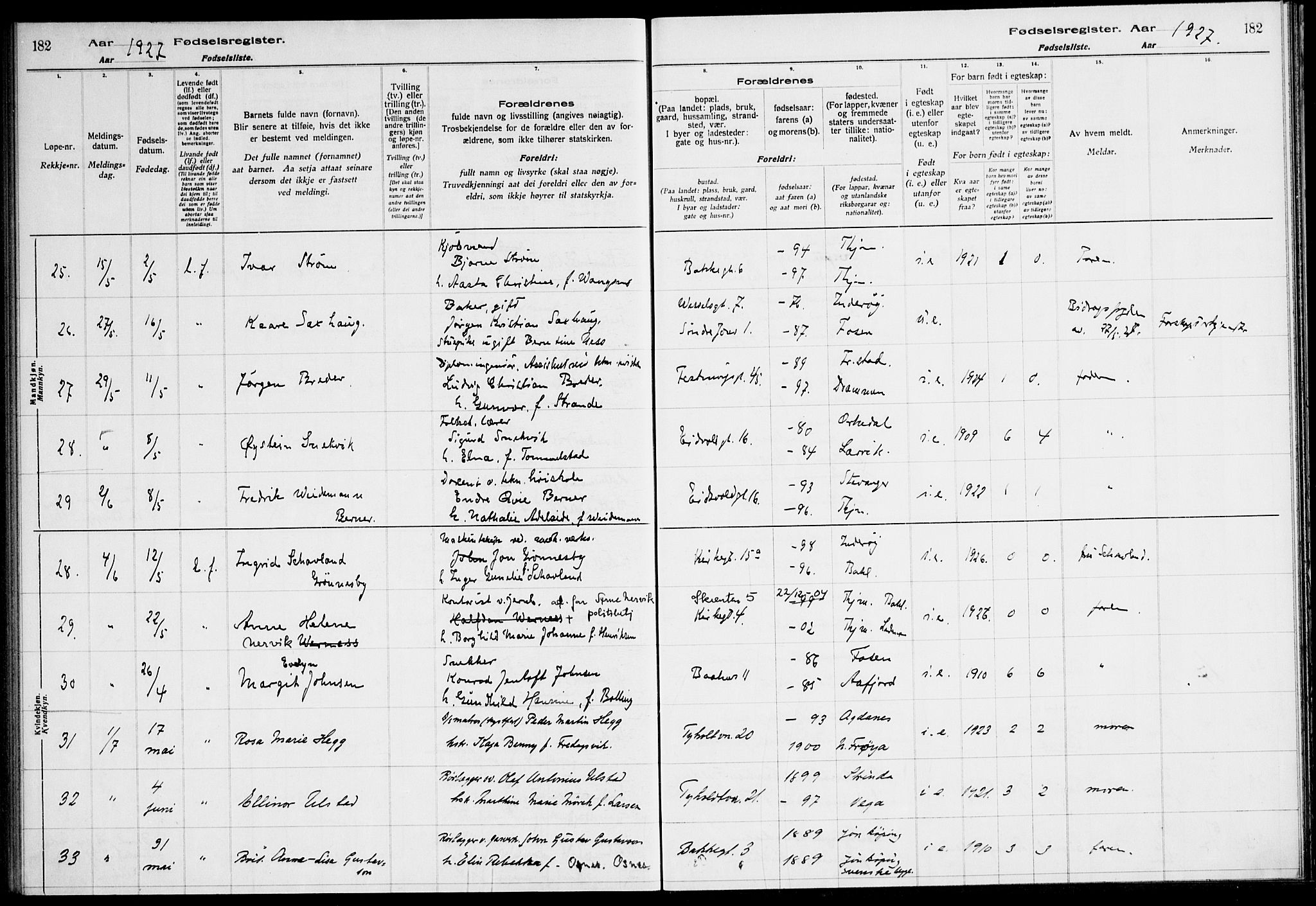 Ministerialprotokoller, klokkerbøker og fødselsregistre - Sør-Trøndelag, AV/SAT-A-1456/604/L0233: Fødselsregister nr. 604.II.4.2, 1920-1928, s. 182